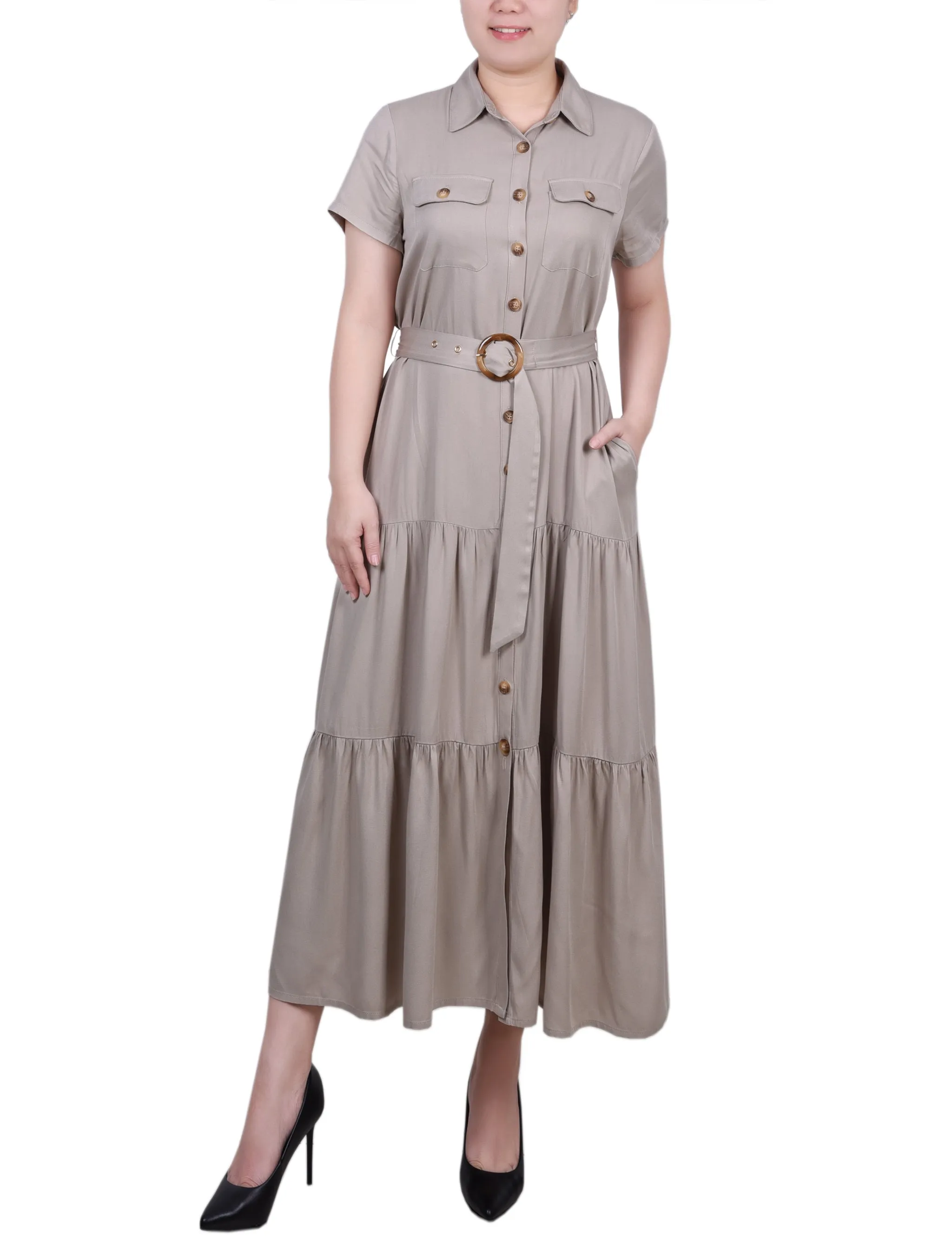 Short Sleeve Midi Twill Dress