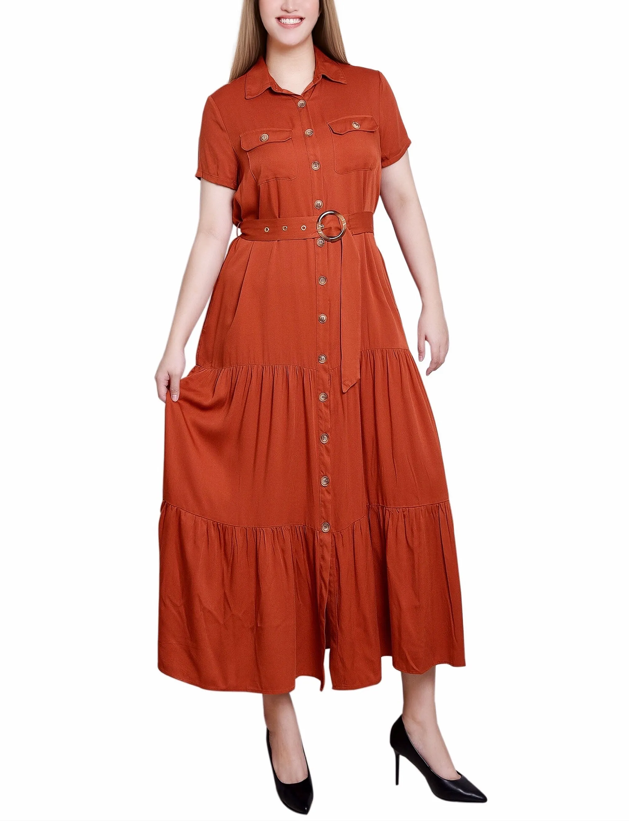 Short Sleeve Midi Twill Dress