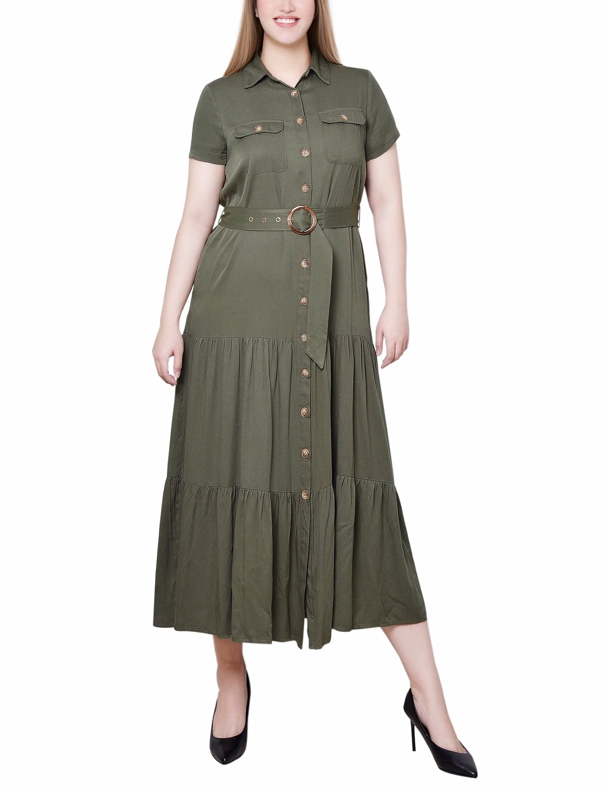 Short Sleeve Midi Twill Dress