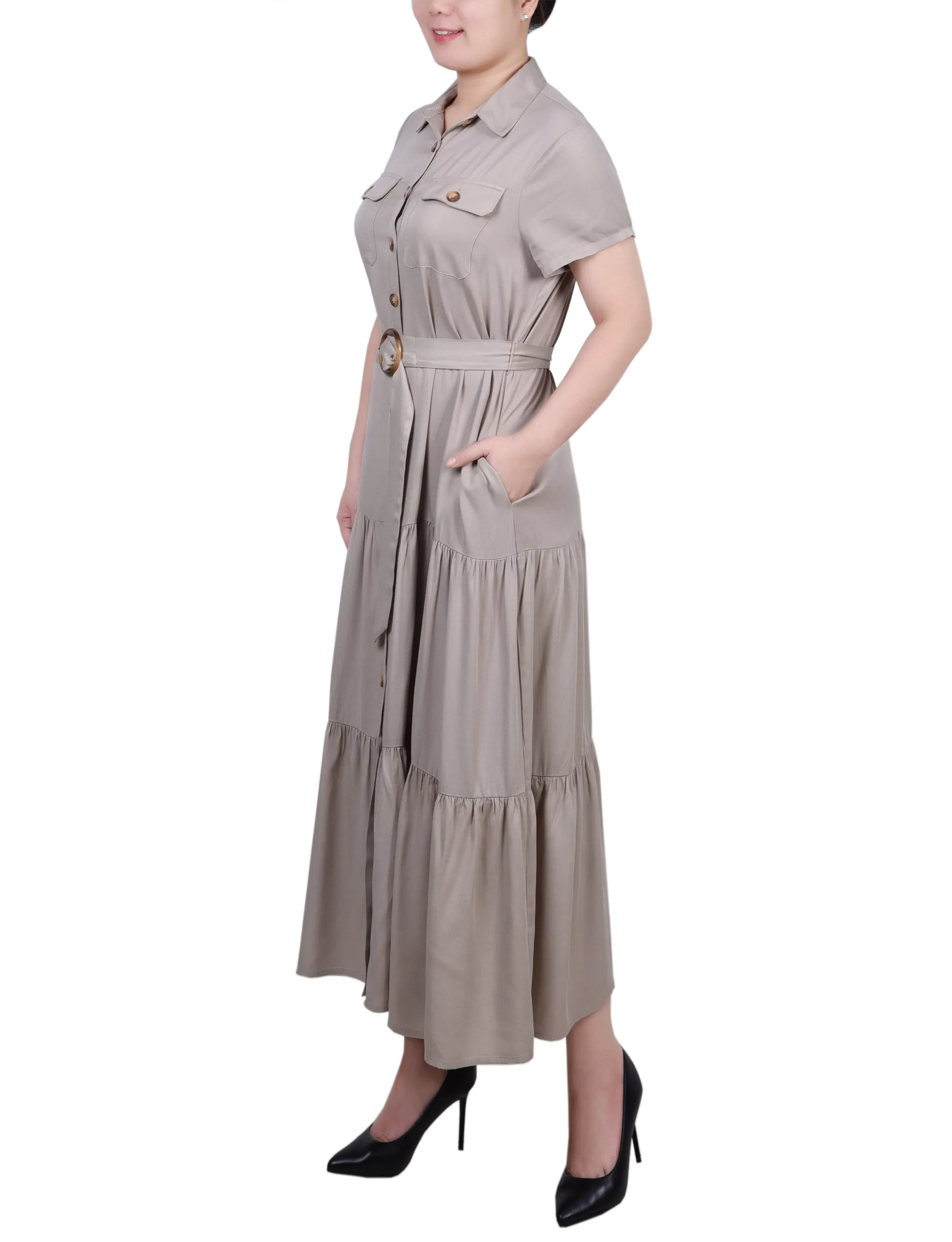 Short Sleeve Midi Twill Dress