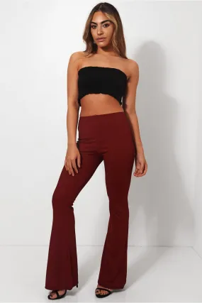 Skinny Rib Burgundy Flared Trousers