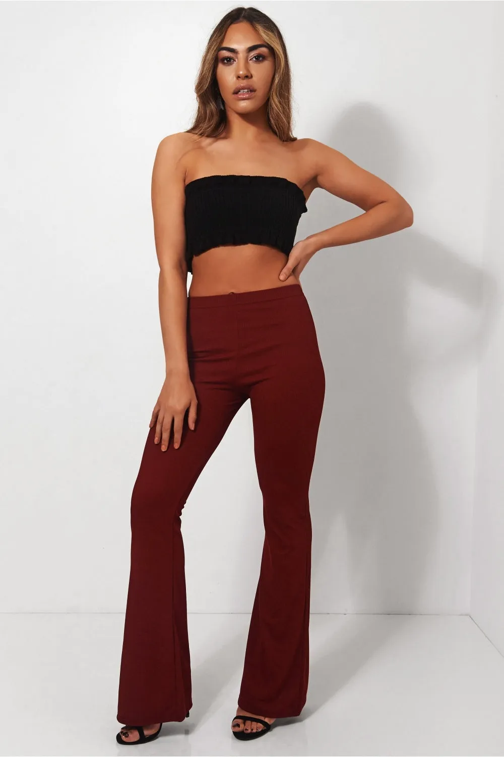 Skinny Rib Burgundy Flared Trousers