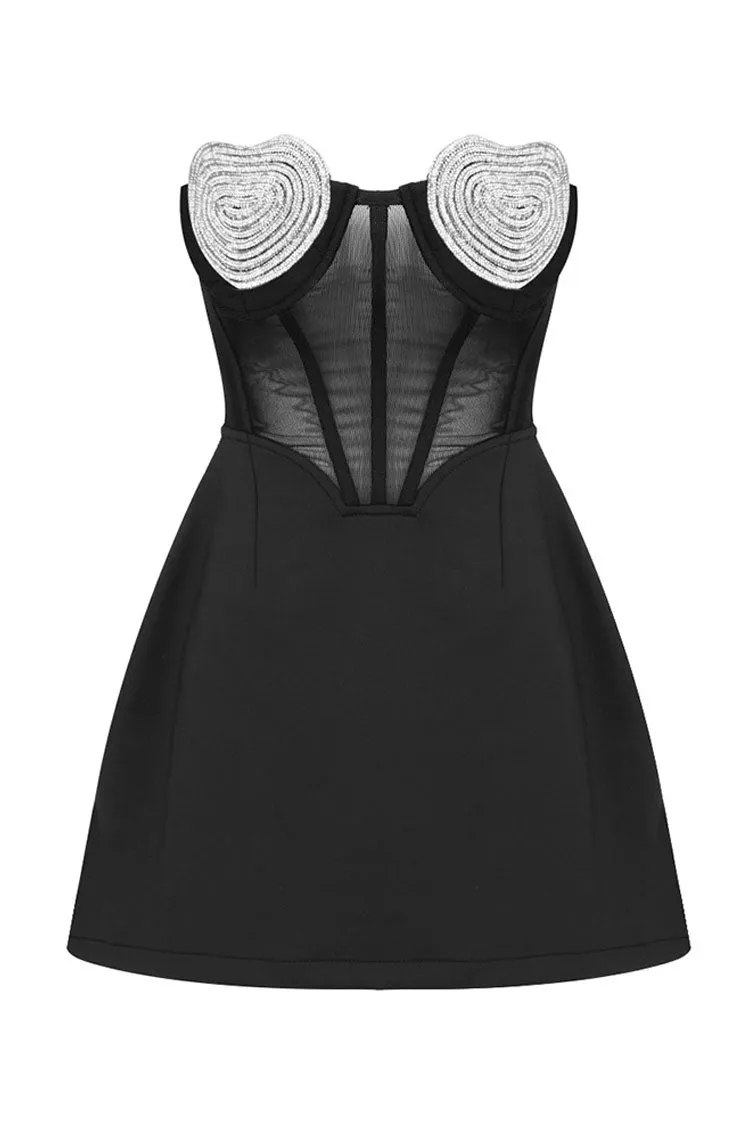 Sparkly Crystal Heart Shape Semi Sheer Strapless Party Mini Dress - Black