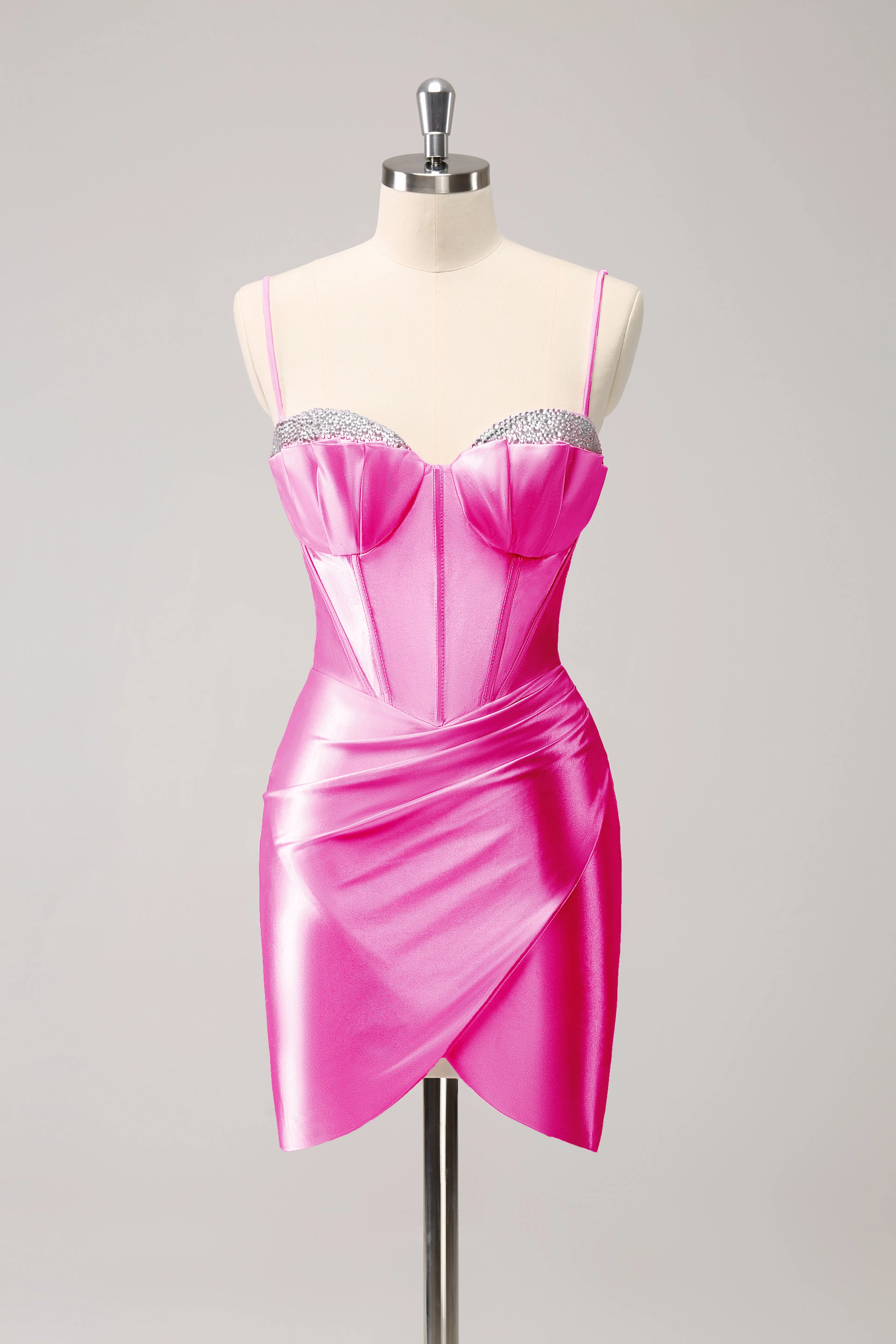 Sparkly Pink Spaghetti Straps Corset Pleated Short Tight Homecoming Dress with Beading