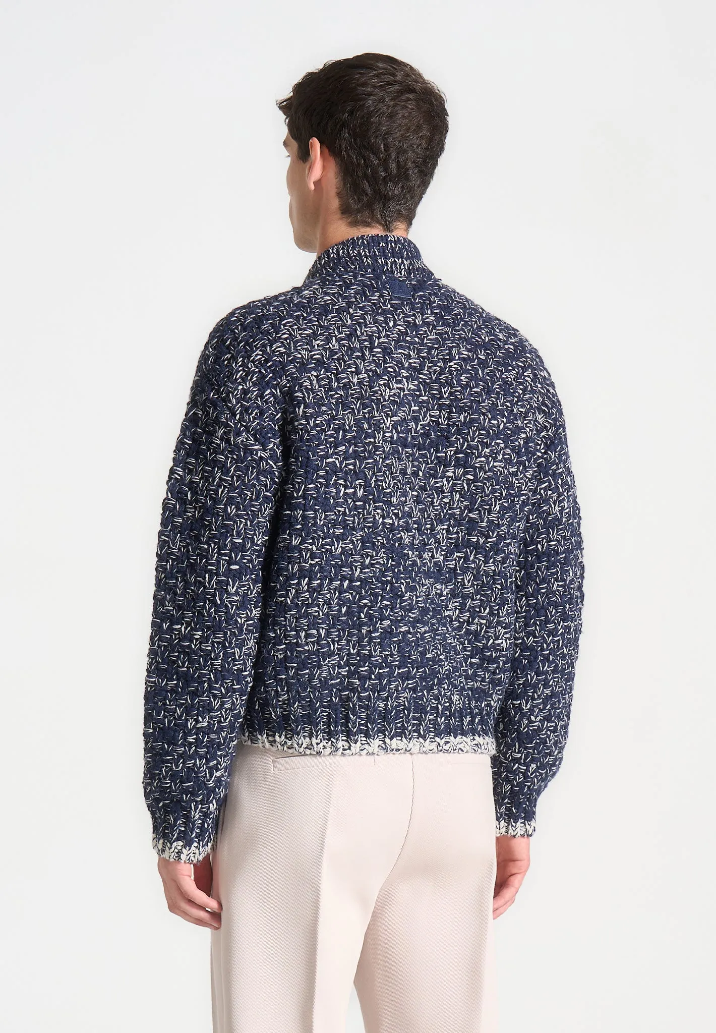 Speckled Knit Zip Up Bomber Jacket - Navy