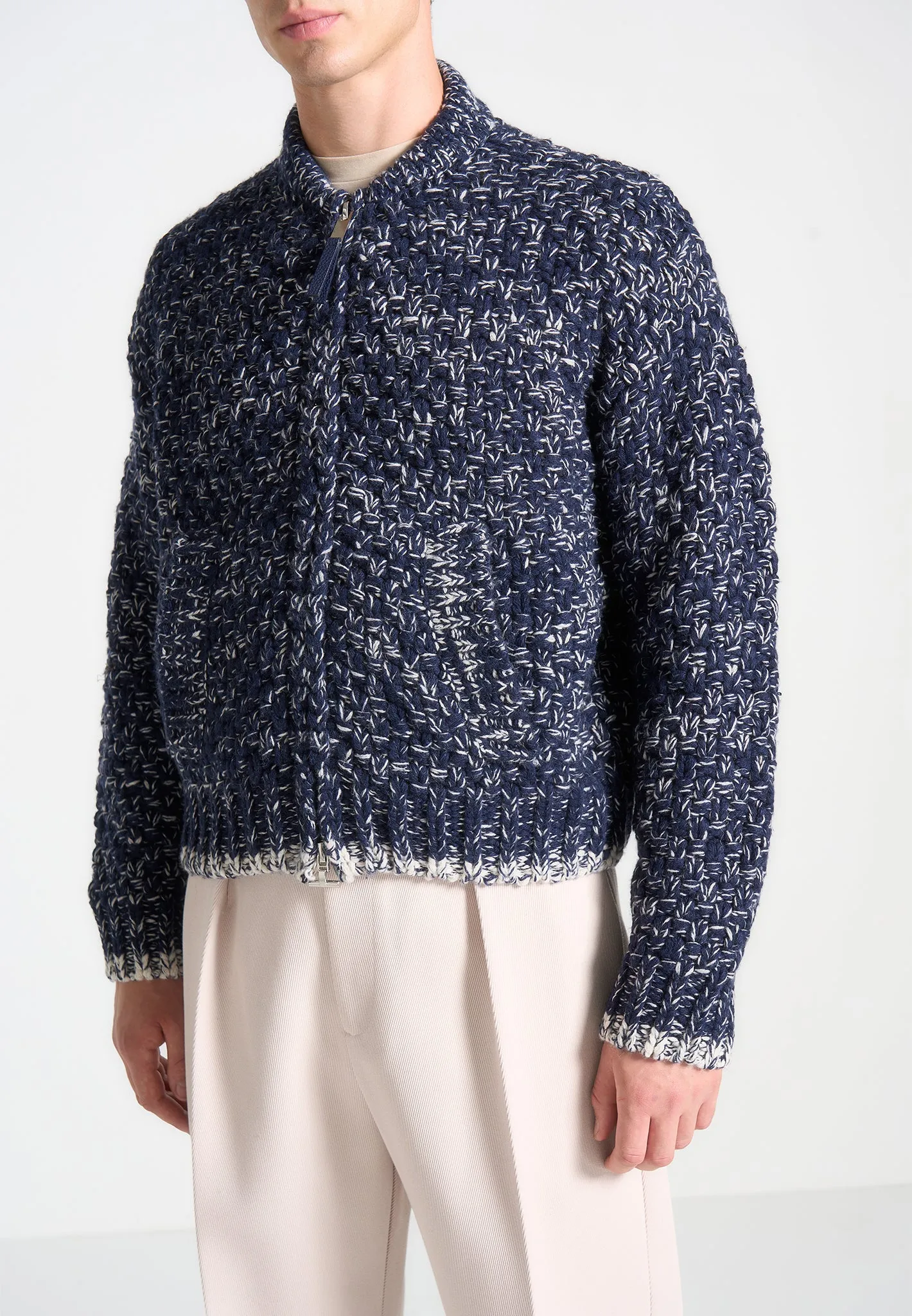 Speckled Knit Zip Up Bomber Jacket - Navy