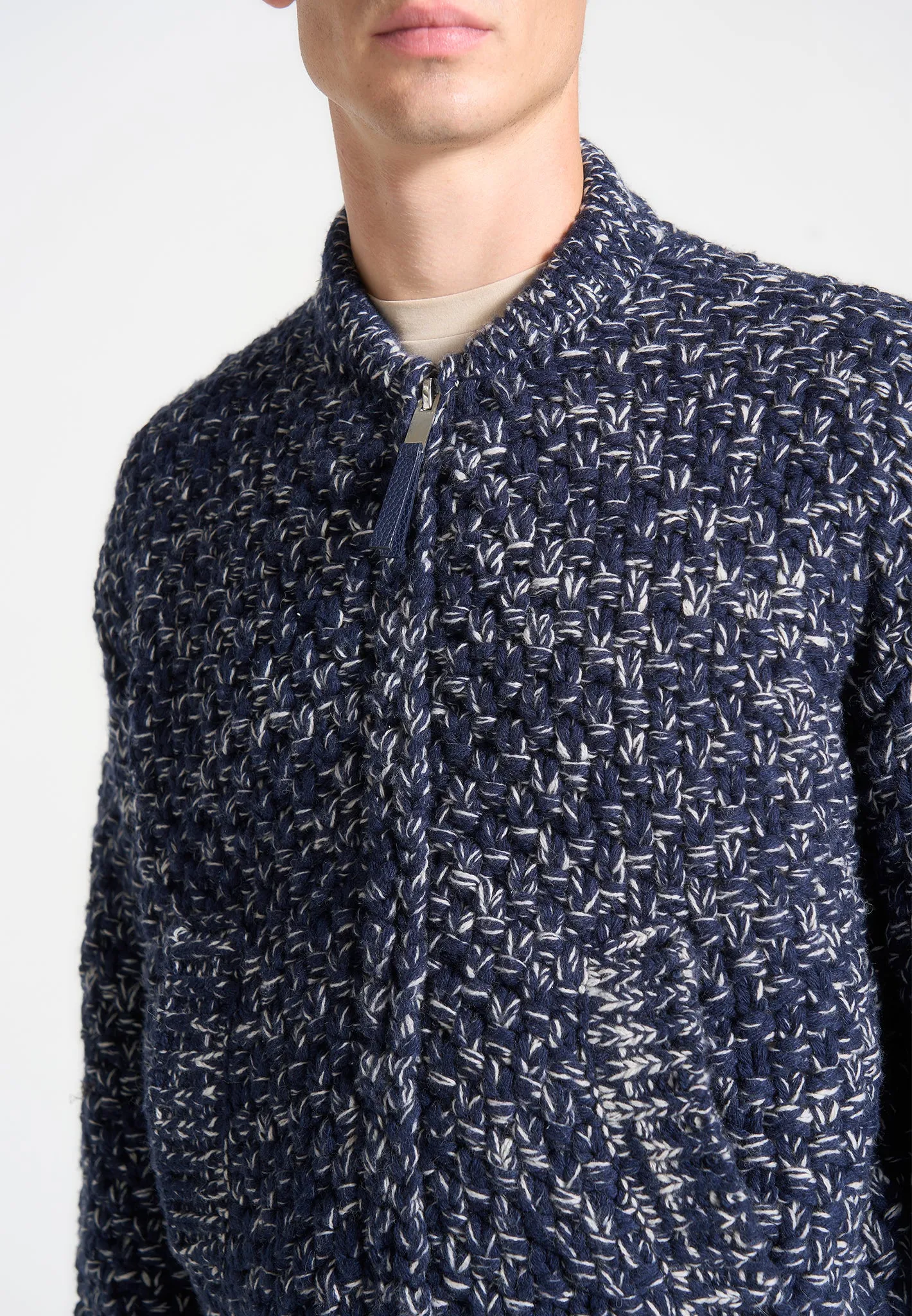 Speckled Knit Zip Up Bomber Jacket - Navy