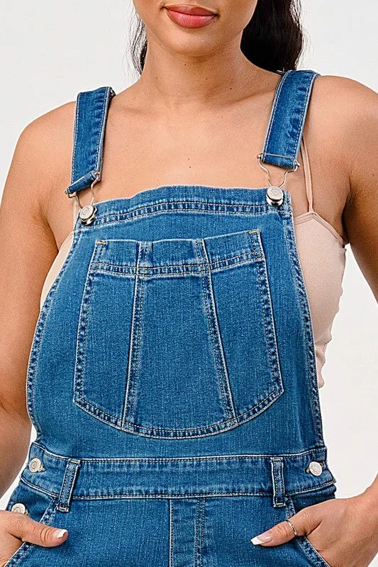 STRETCH DISTRESSED EXTRA FLARED LEG DENIM OVERALLS