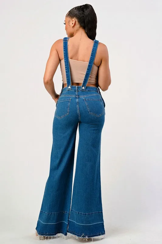 STRETCH DISTRESSED EXTRA FLARED LEG DENIM OVERALLS