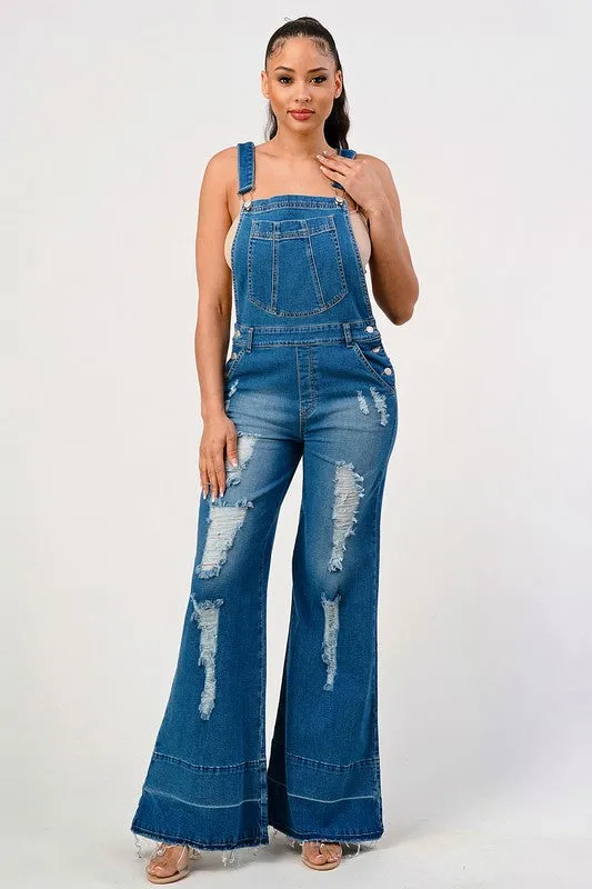 STRETCH DISTRESSED EXTRA FLARED LEG DENIM OVERALLS