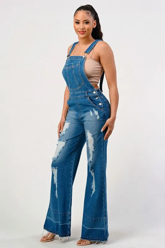 STRETCH DISTRESSED EXTRA FLARED LEG DENIM OVERALLS