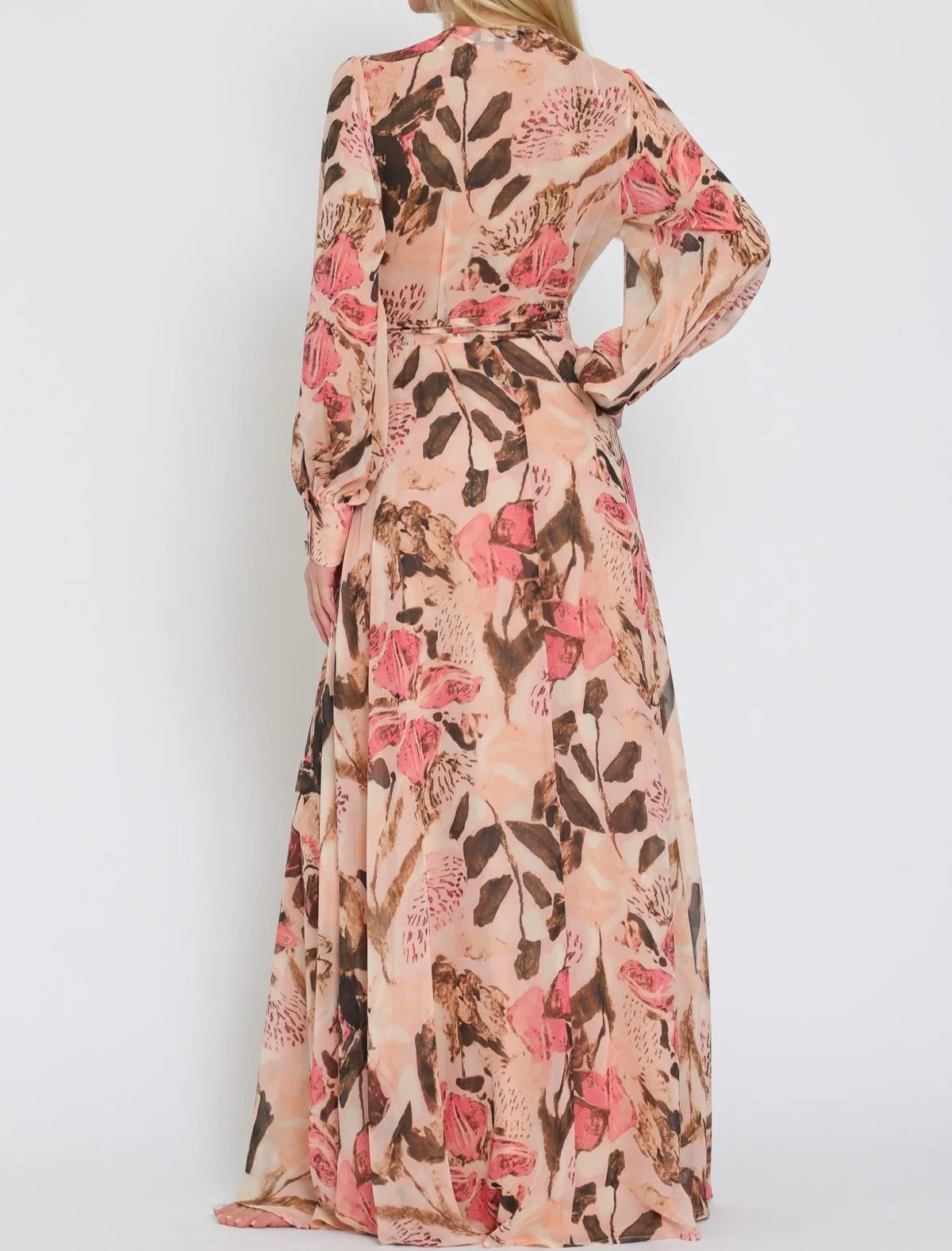 Sunset Bloom Sheer Long Sleeve Wrap Maxi Dress