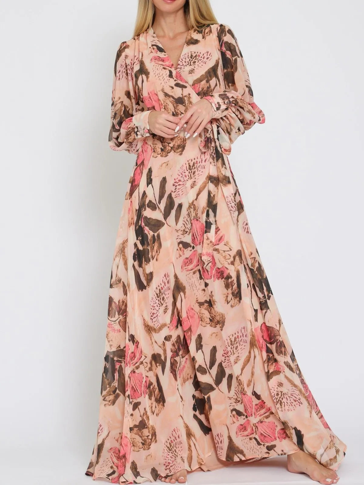 Sunset Bloom Sheer Long Sleeve Wrap Maxi Dress