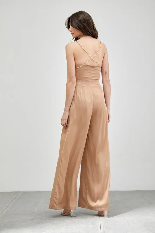 Taupe Cowl Neck Trim Detail Jumpsuit