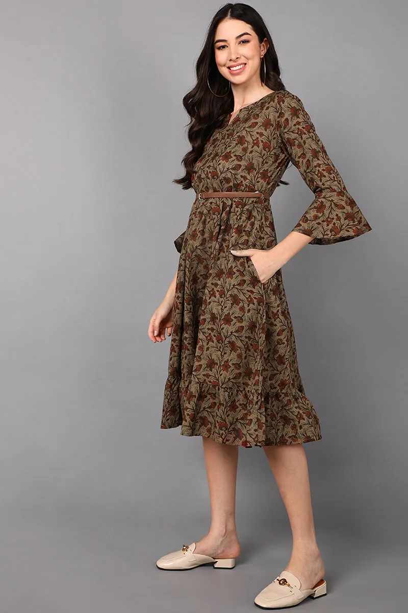 Taupe Floral Printed Cotton Midi Dress