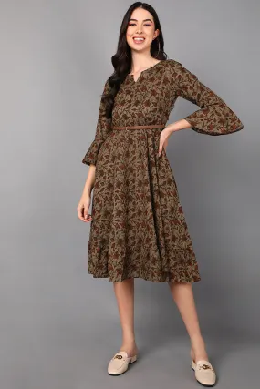 Taupe Floral Printed Cotton Midi Dress