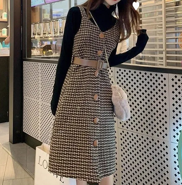 Toleet outfit inspo Korean Style Dress Set Women Autumn Winter Solid Base Sweater and Sleeveless Knee-Length Plaid Tweed Dresses