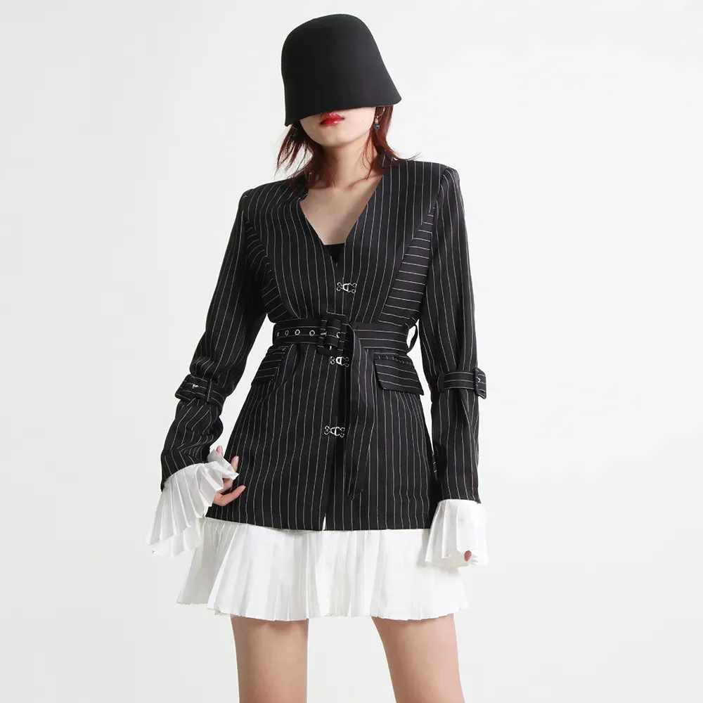 Tunic Patchwork Belt Blazers For Women Notched Collar Long Sleeve Striped Slim Temperament Blazer Female Autumn