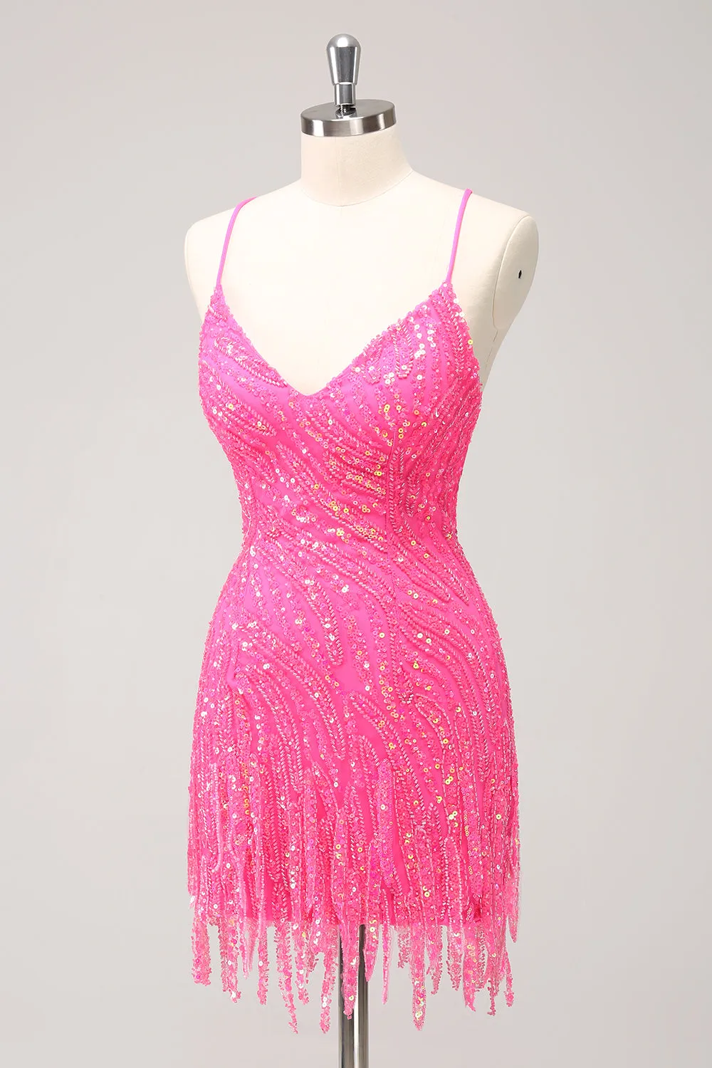 Unique Glitter Hot Pink Tight Spaghetti Straps Sequin Homecoming Dress with Tassel