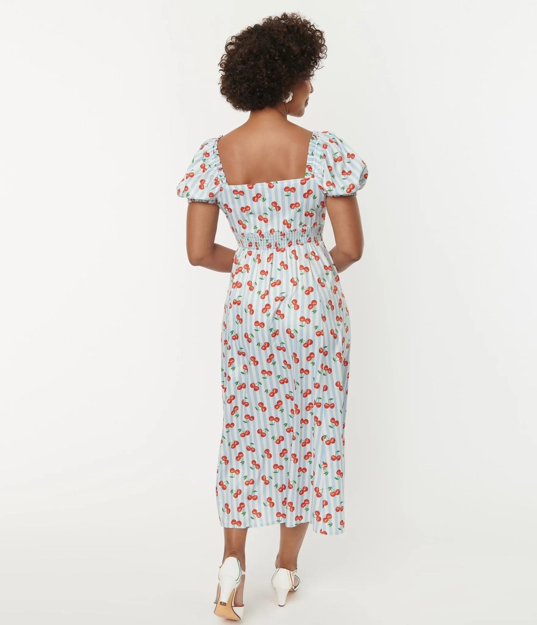 Unique Vintage 1940s Light Blue Stripe & Cherry Print Midi Dress