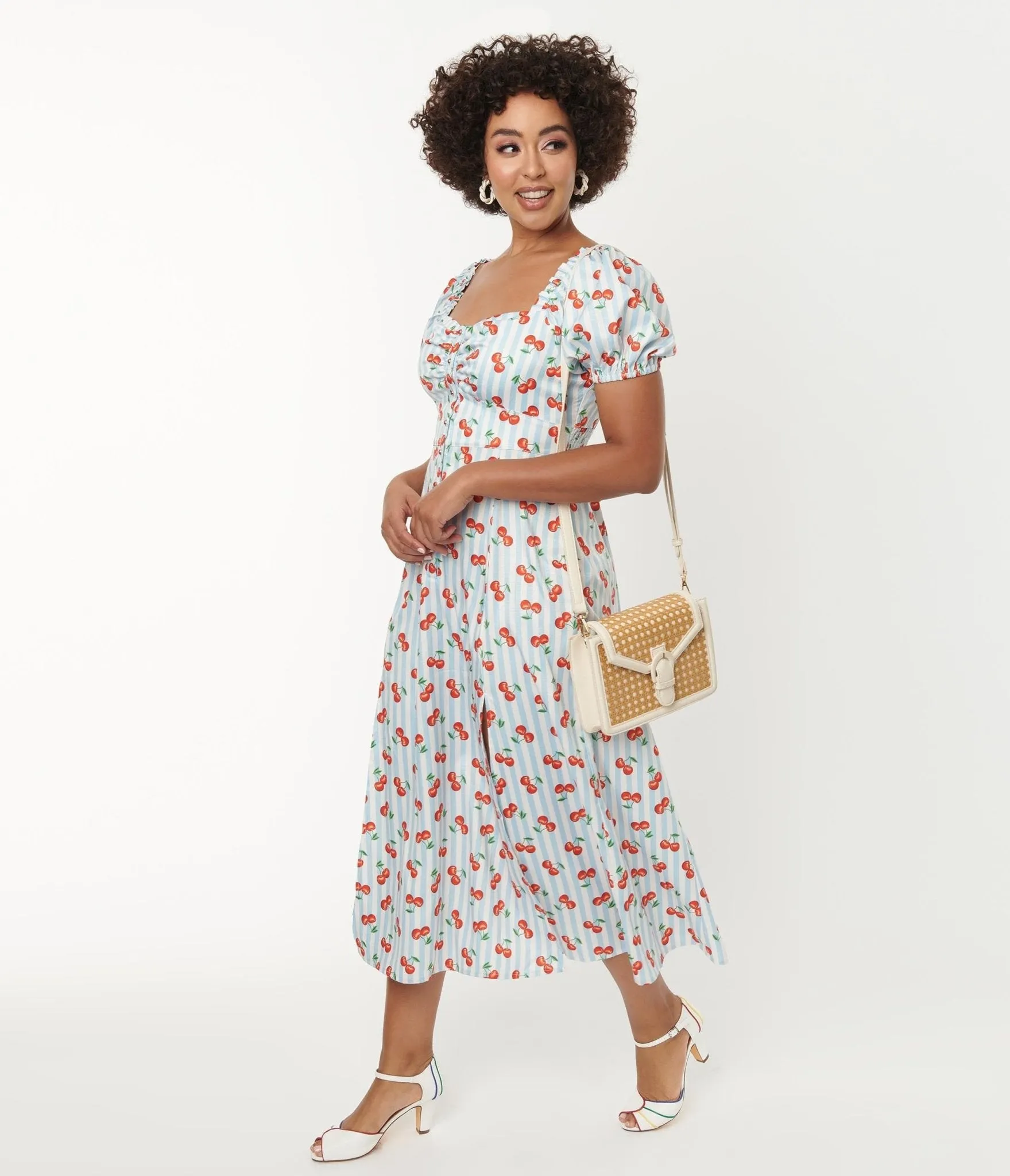 Unique Vintage 1940s Light Blue Stripe & Cherry Print Midi Dress