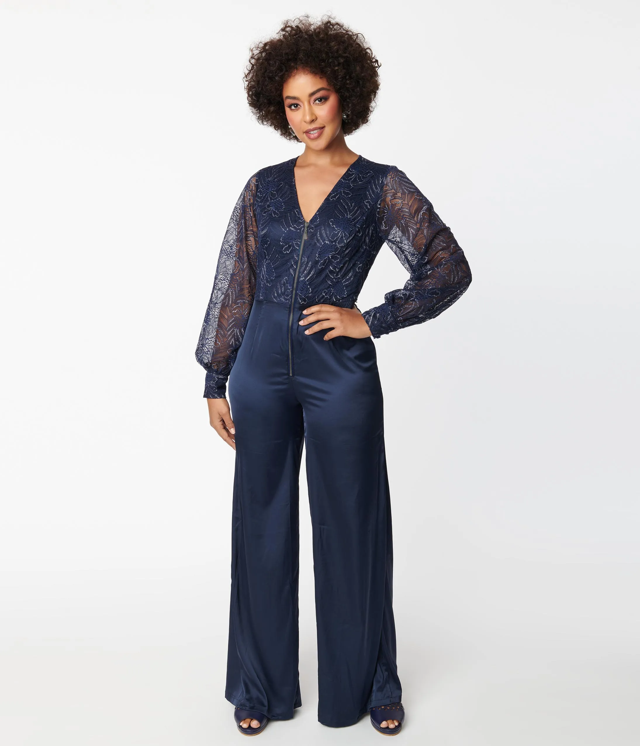 Unique Vintage Navy Sparkle Lace Jumpsuit & Skirt Overlay