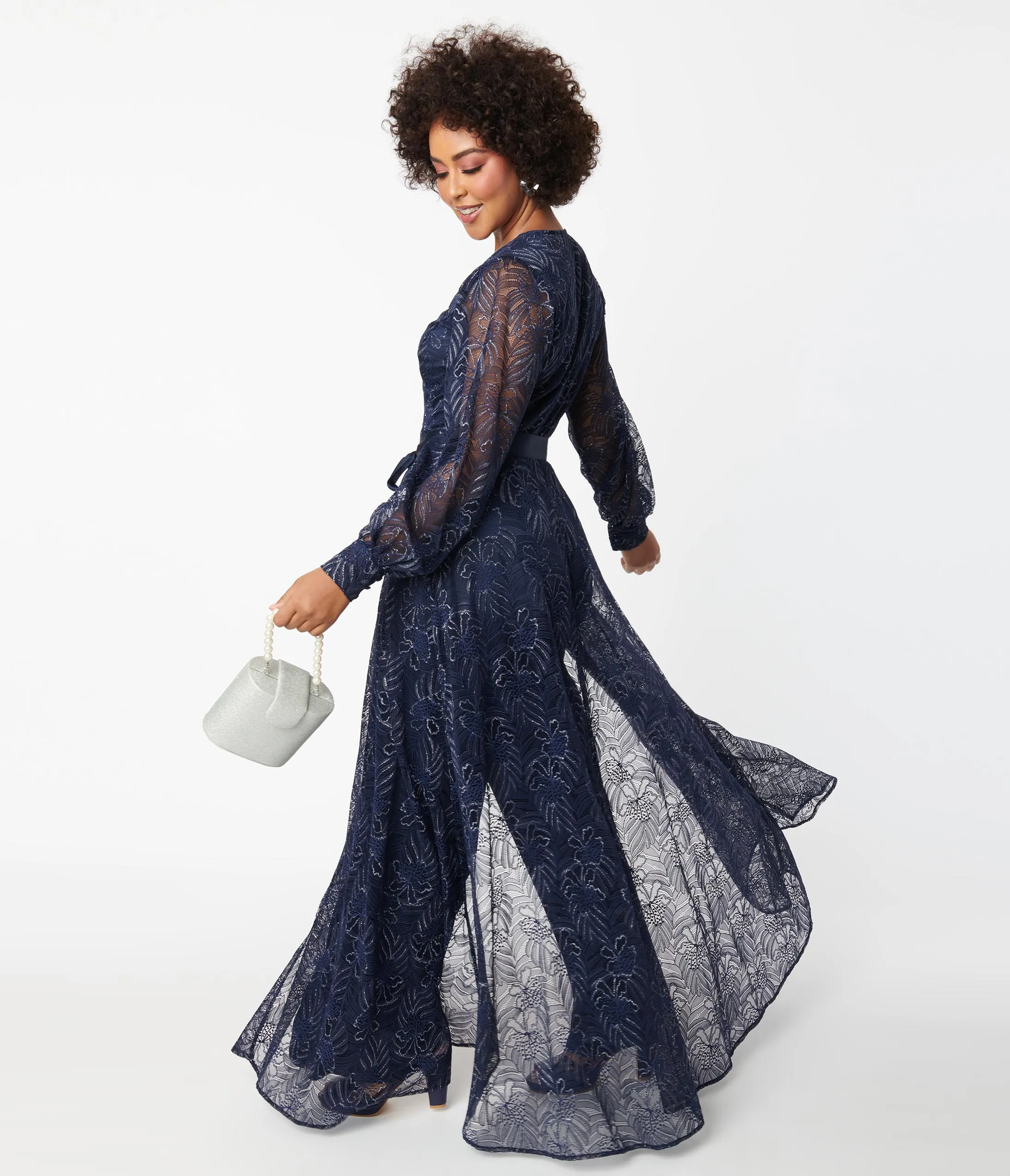 Unique Vintage Navy Sparkle Lace Jumpsuit & Skirt Overlay