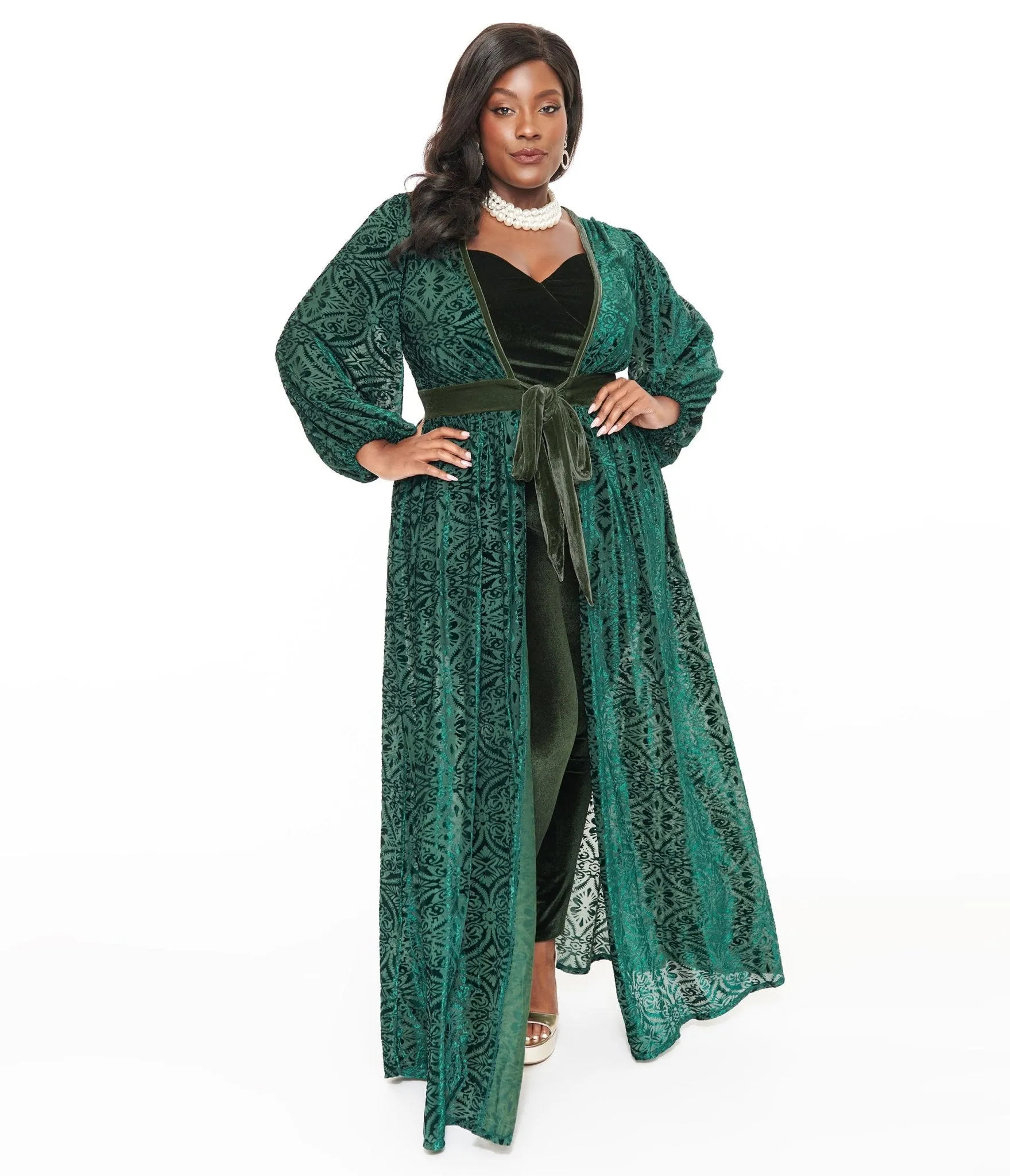 Unique Vintage Plus Size Green Velvet Burnout Hollywood Duster