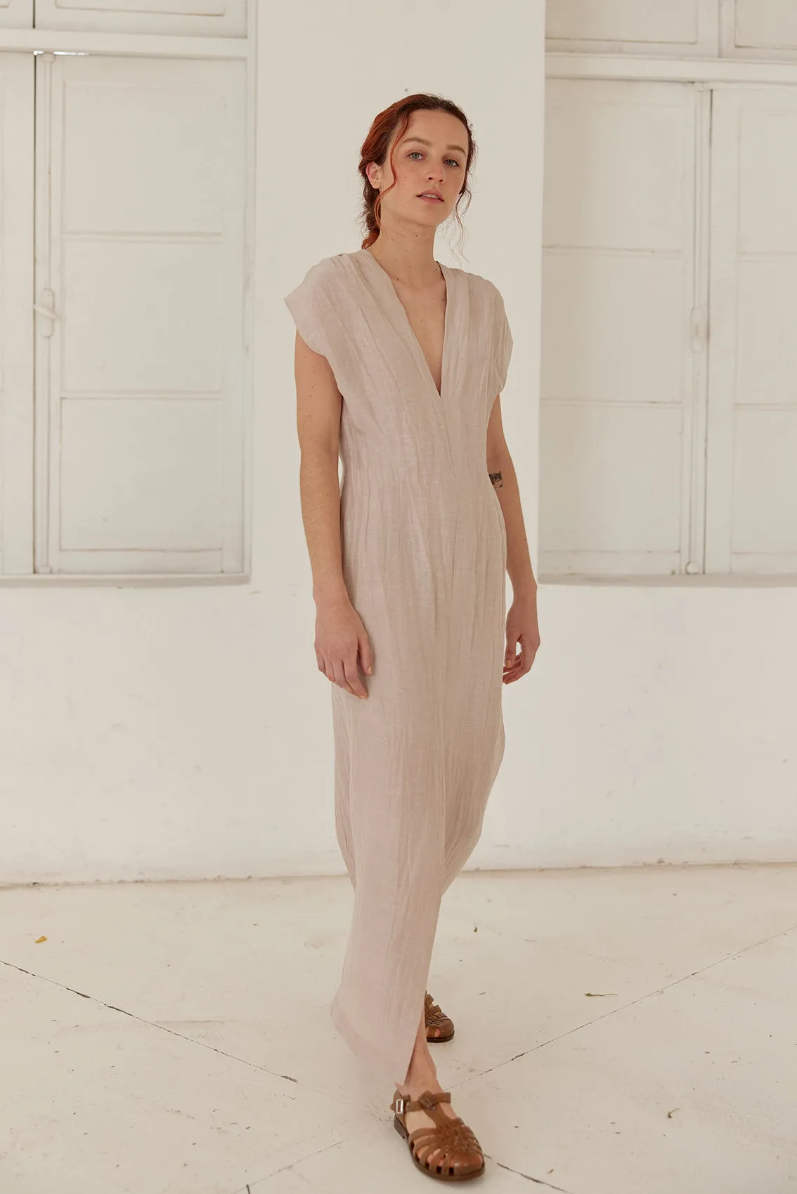 V-Neck Textured Silk/Linen Long Dress - Arena