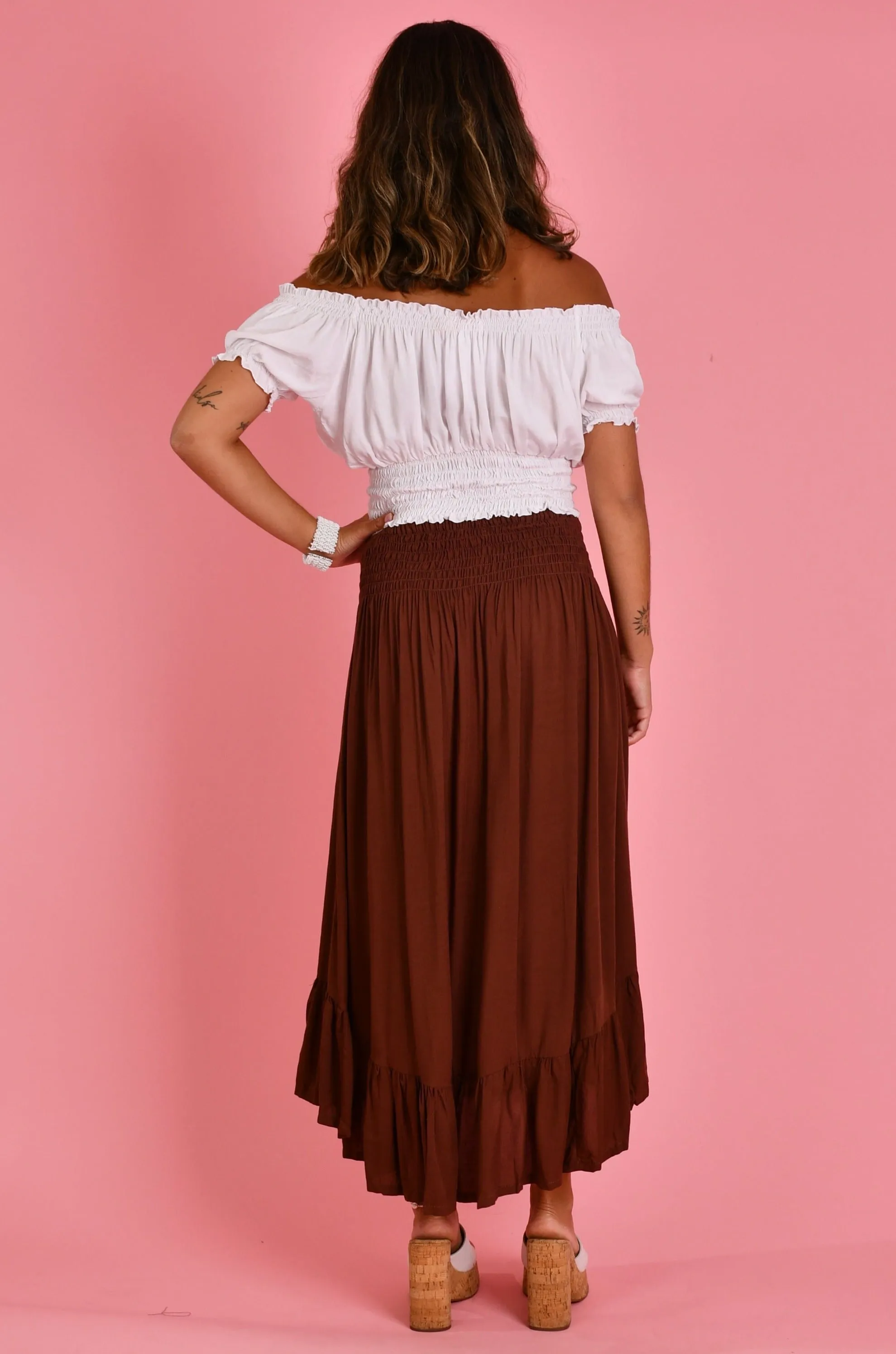 VGLK050 - ROUCHED MIDI SKIRT - CHOCOLATE