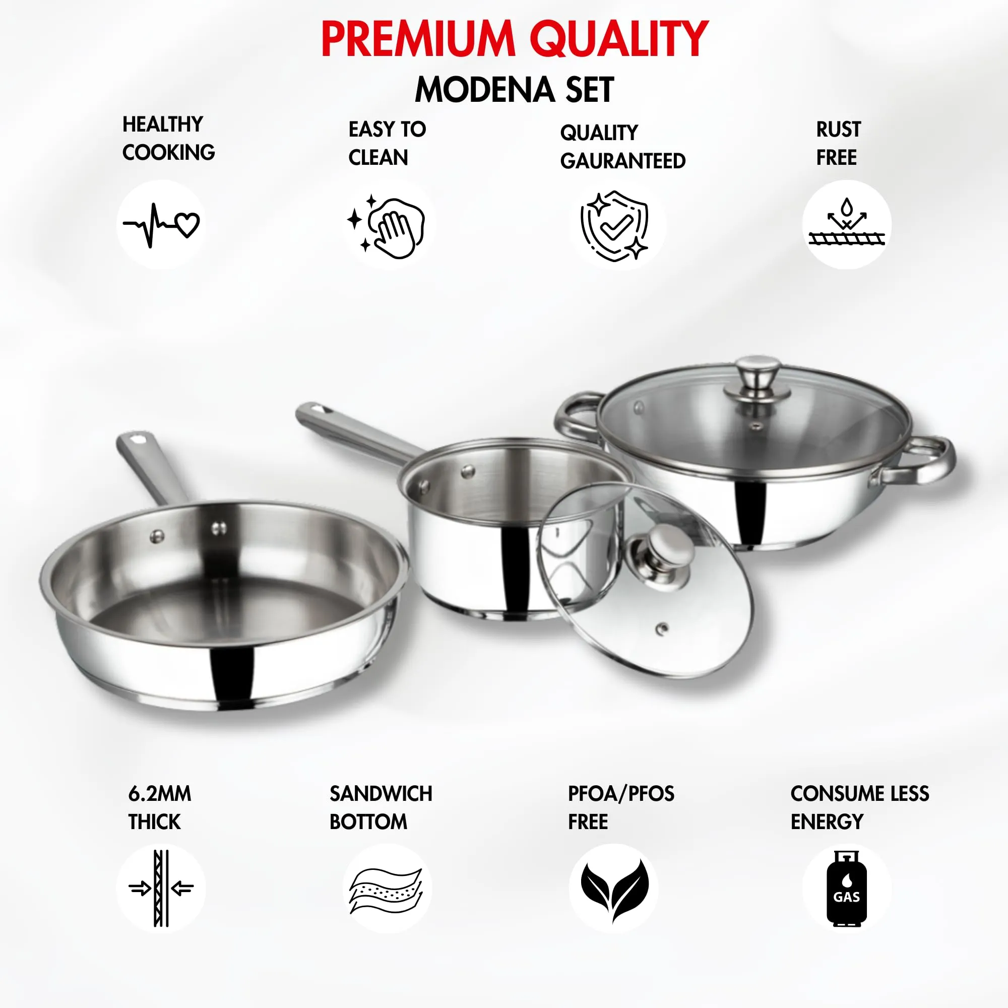 Vinod Modena Stainless Steel Cookware Set of 3 | 2.7 litre Kadhai and 1.5 litre Saucepan with Glass Lid, 24 cm Frypan | Mirror Finish | Induction Base | 2 Year Warranty