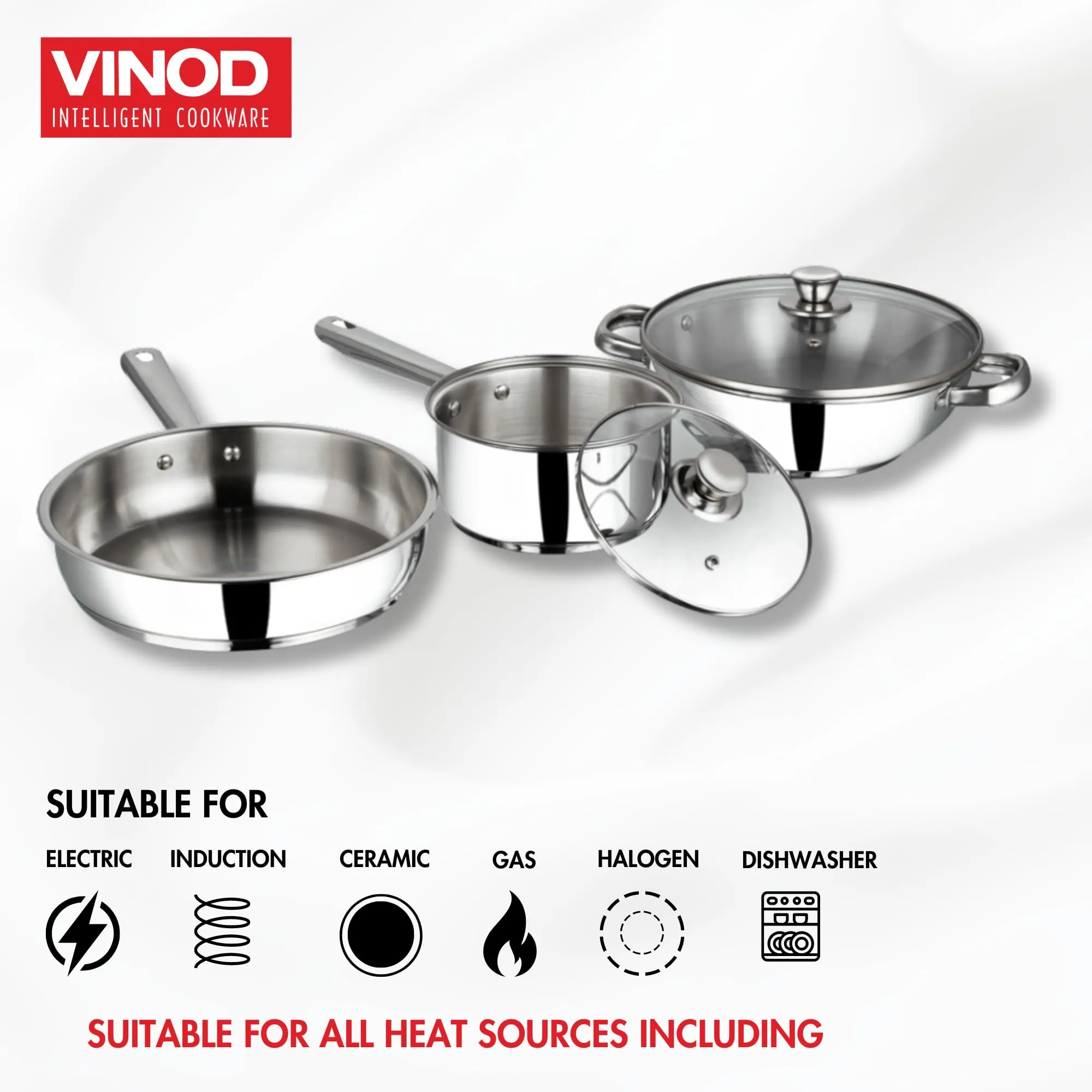 Vinod Modena Stainless Steel Cookware Set of 3 | 2.7 litre Kadhai and 1.5 litre Saucepan with Glass Lid, 24 cm Frypan | Mirror Finish | Induction Base | 2 Year Warranty