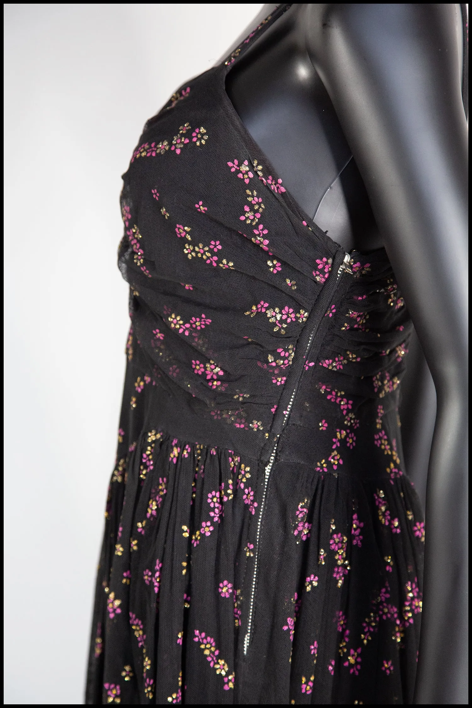 Vintage 1940s Black Printed Tulle Maxi Dress