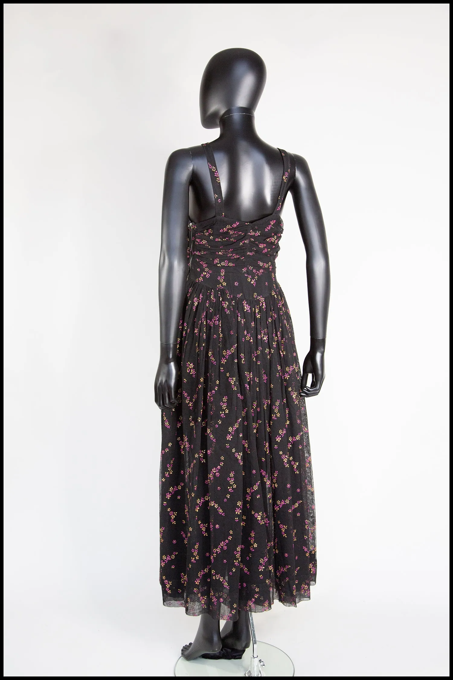 Vintage 1940s Black Printed Tulle Maxi Dress