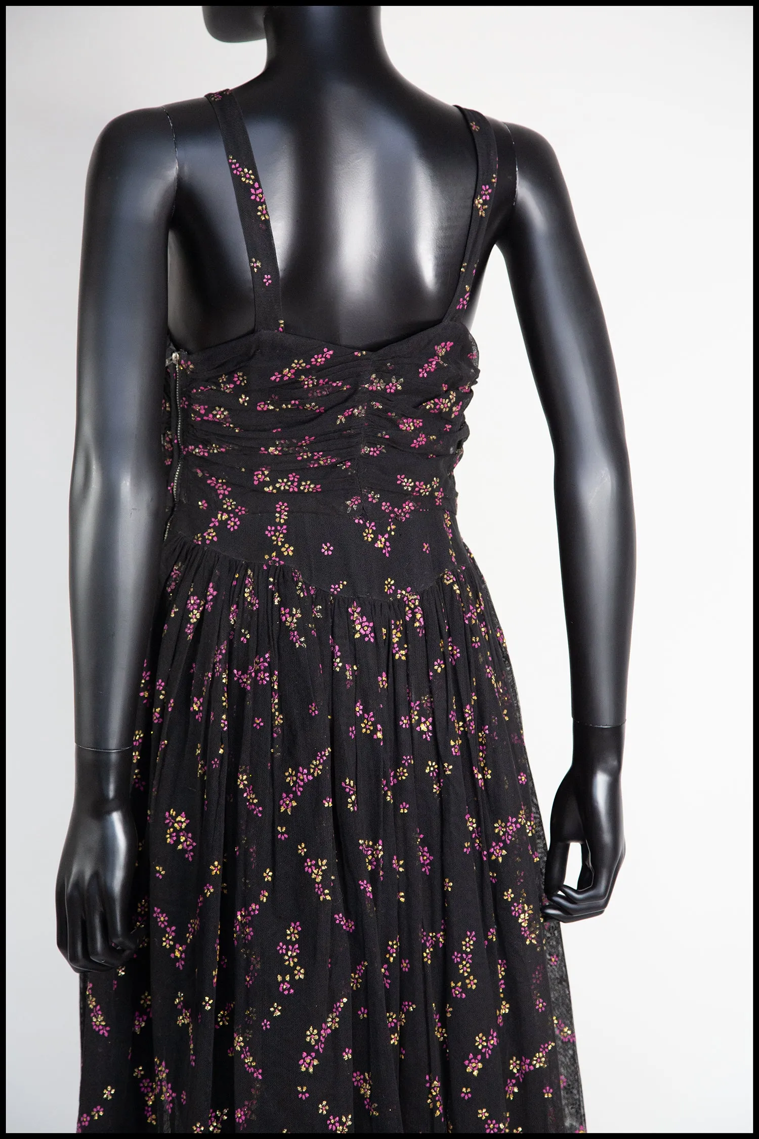 Vintage 1940s Black Printed Tulle Maxi Dress