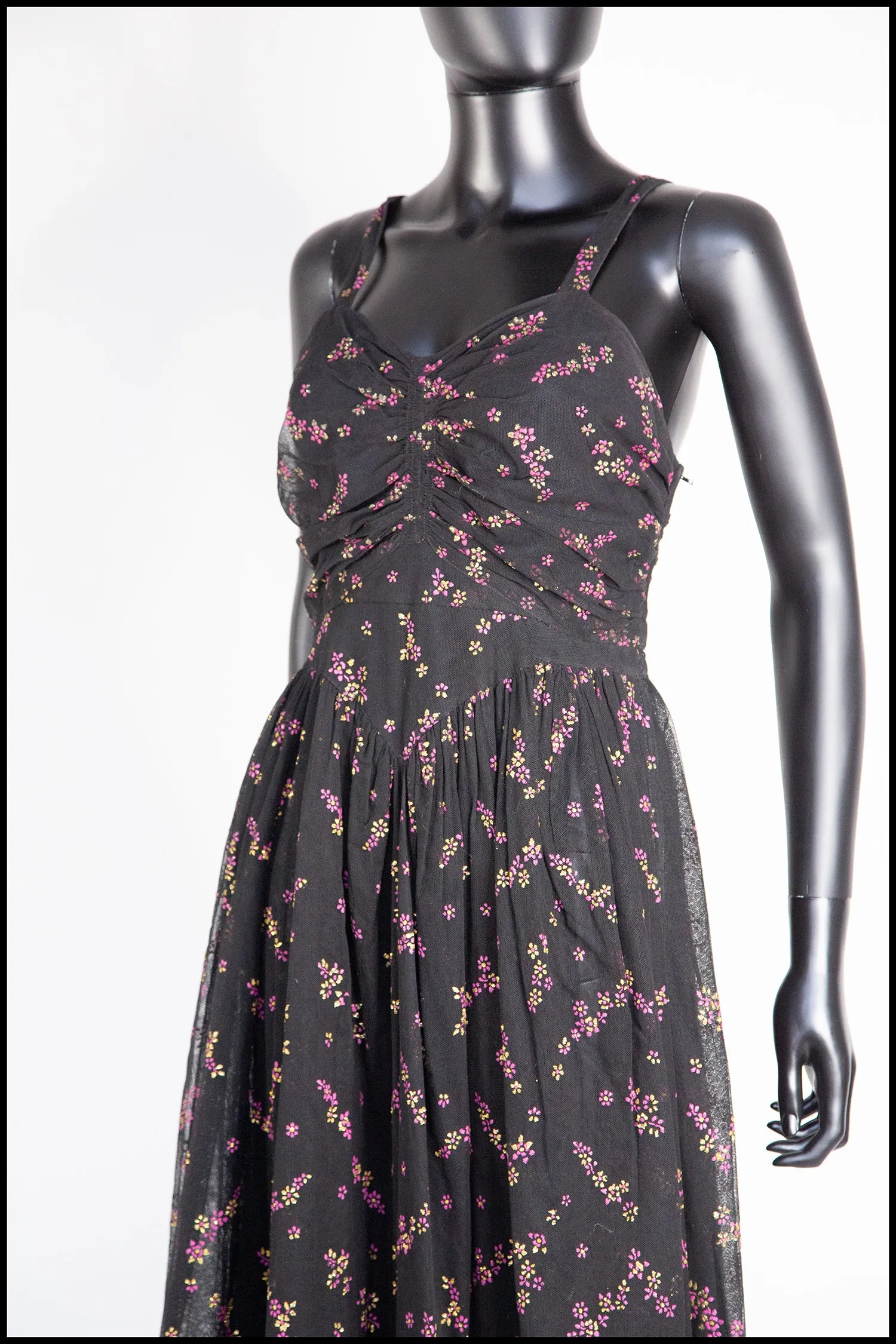 Vintage 1940s Black Printed Tulle Maxi Dress