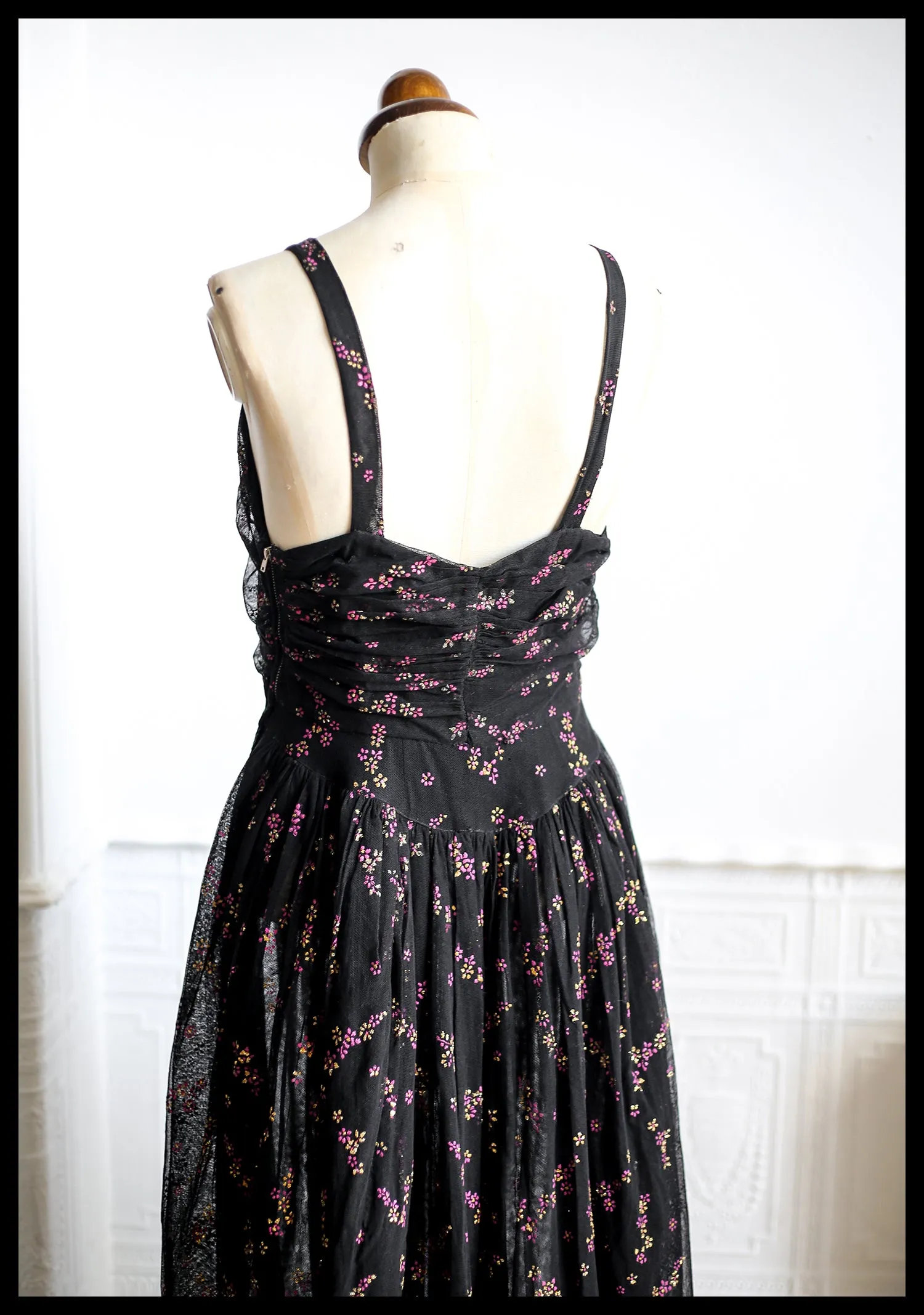 Vintage 1940s Black Printed Tulle Maxi Dress