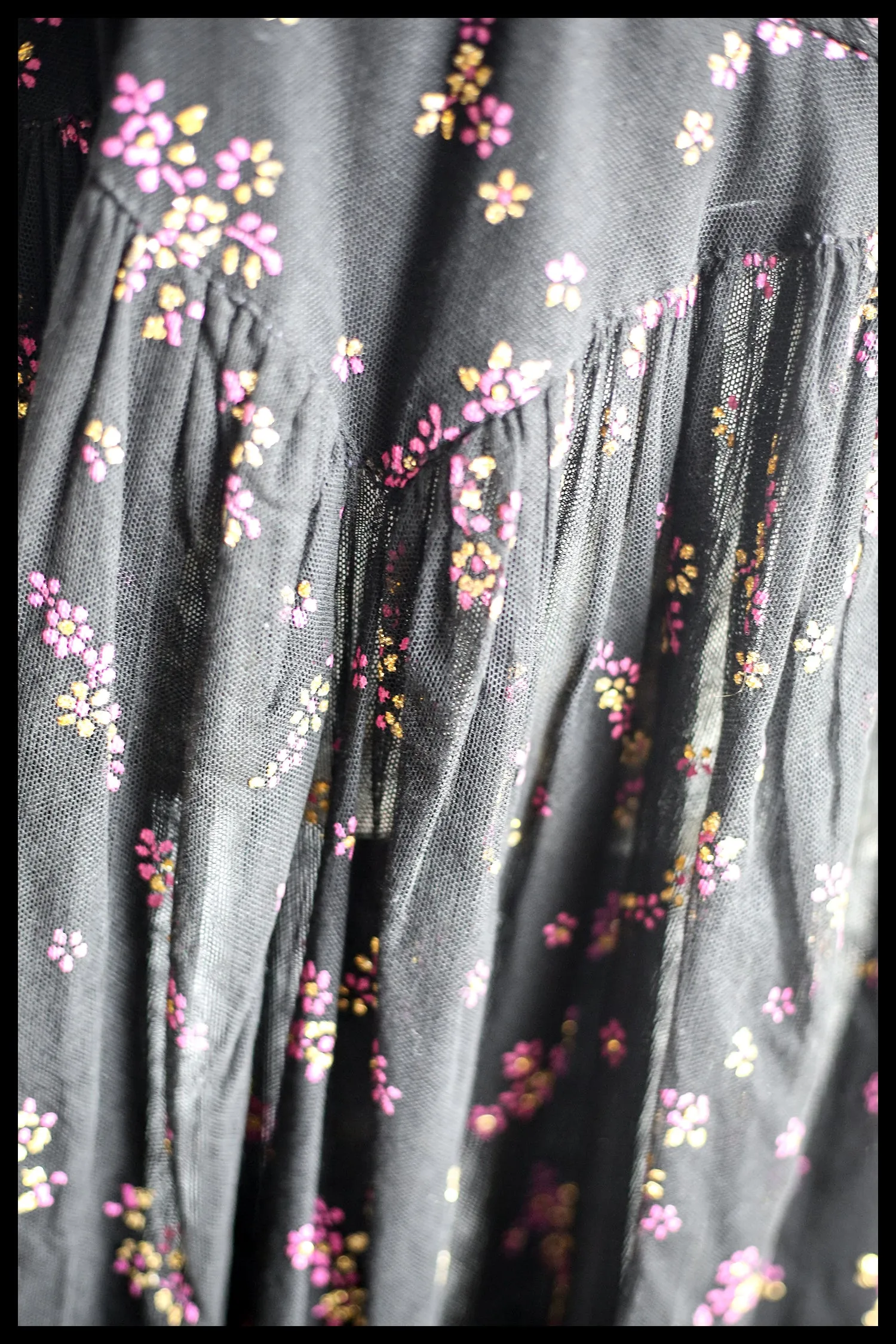 Vintage 1940s Black Printed Tulle Maxi Dress