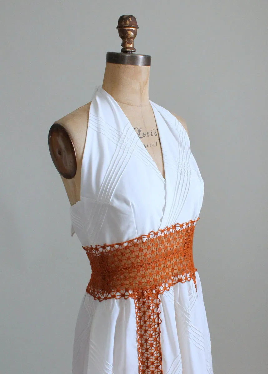 Vintage 1960s White Cotton and Crochet Halter Maxi Dress