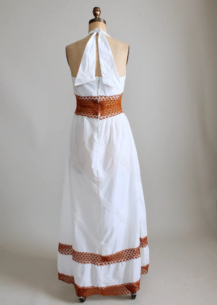 Vintage 1960s White Cotton and Crochet Halter Maxi Dress