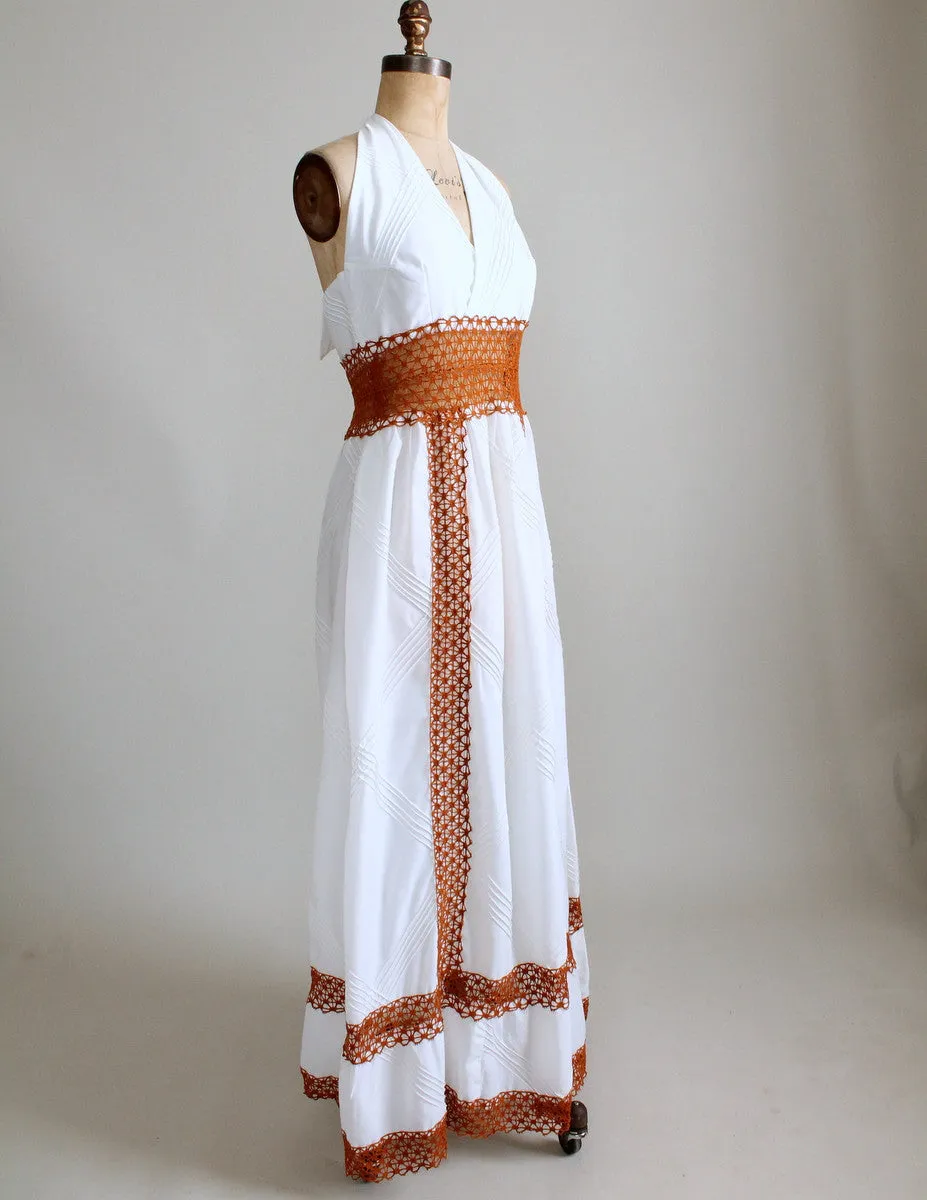 Vintage 1960s White Cotton and Crochet Halter Maxi Dress