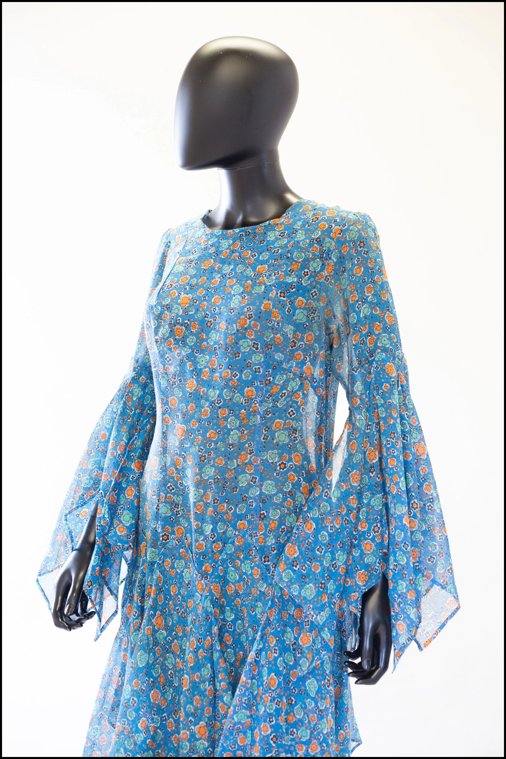 Vintage 1970s Blue Cotton Voile Maxi Dress