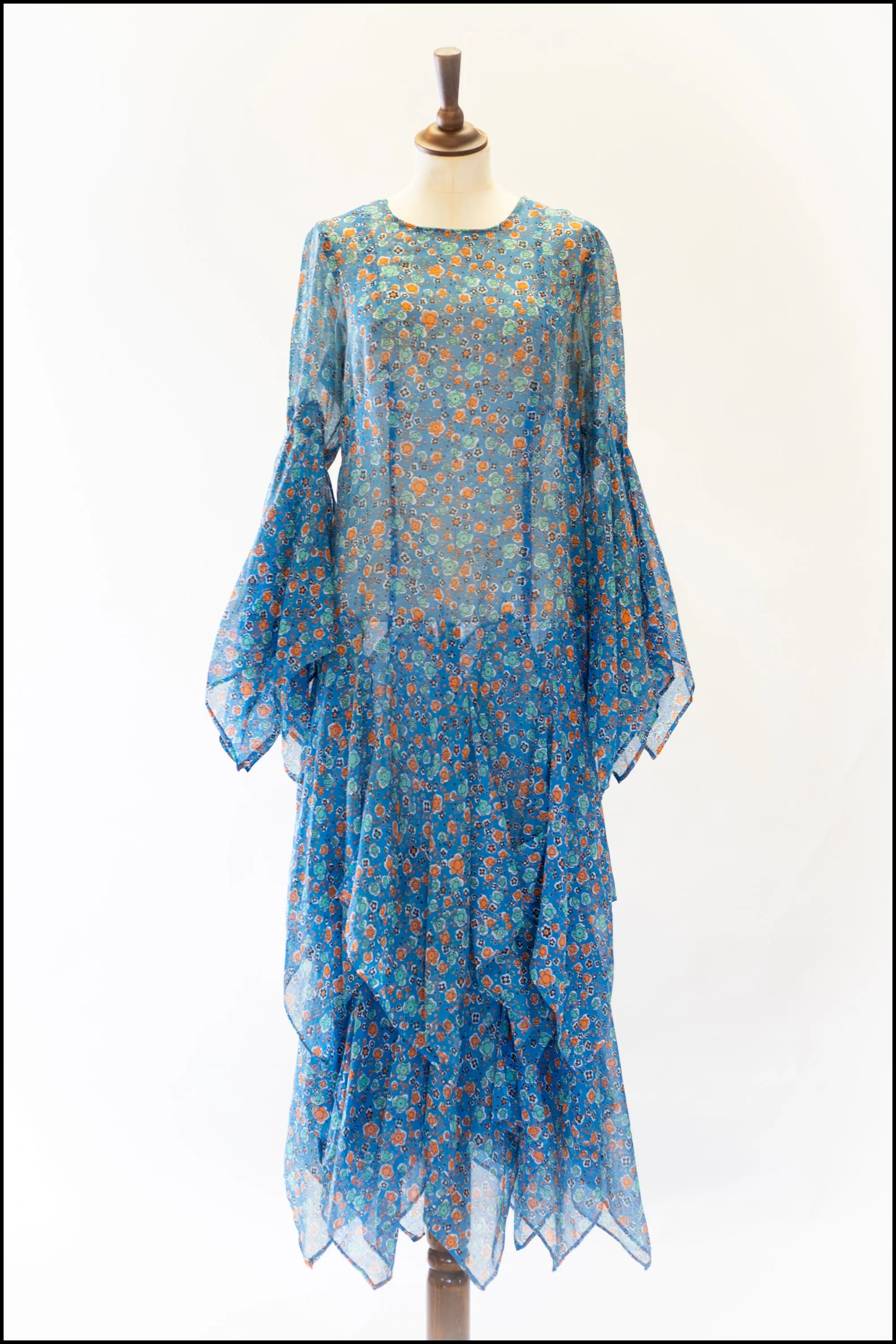 Vintage 1970s Blue Cotton Voile Maxi Dress