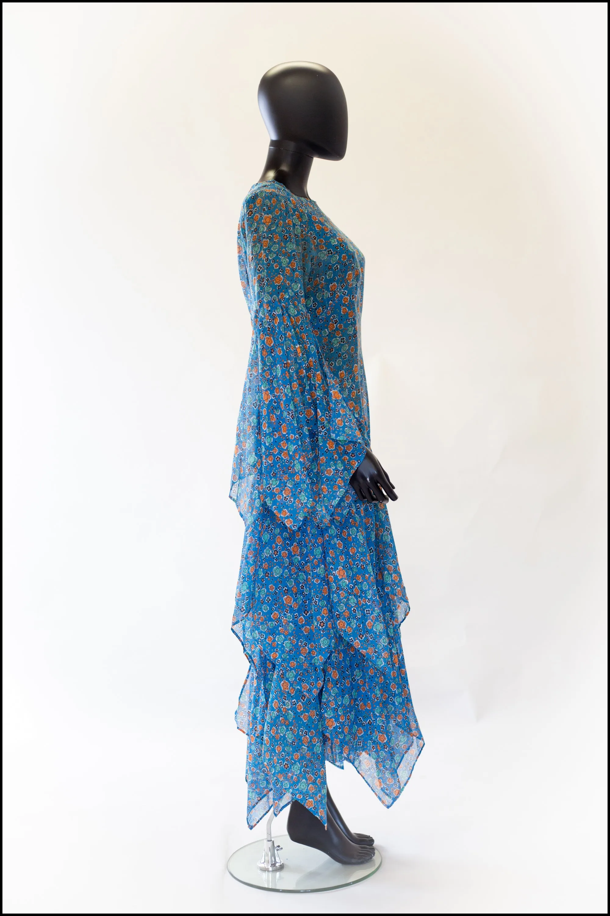 Vintage 1970s Blue Cotton Voile Maxi Dress