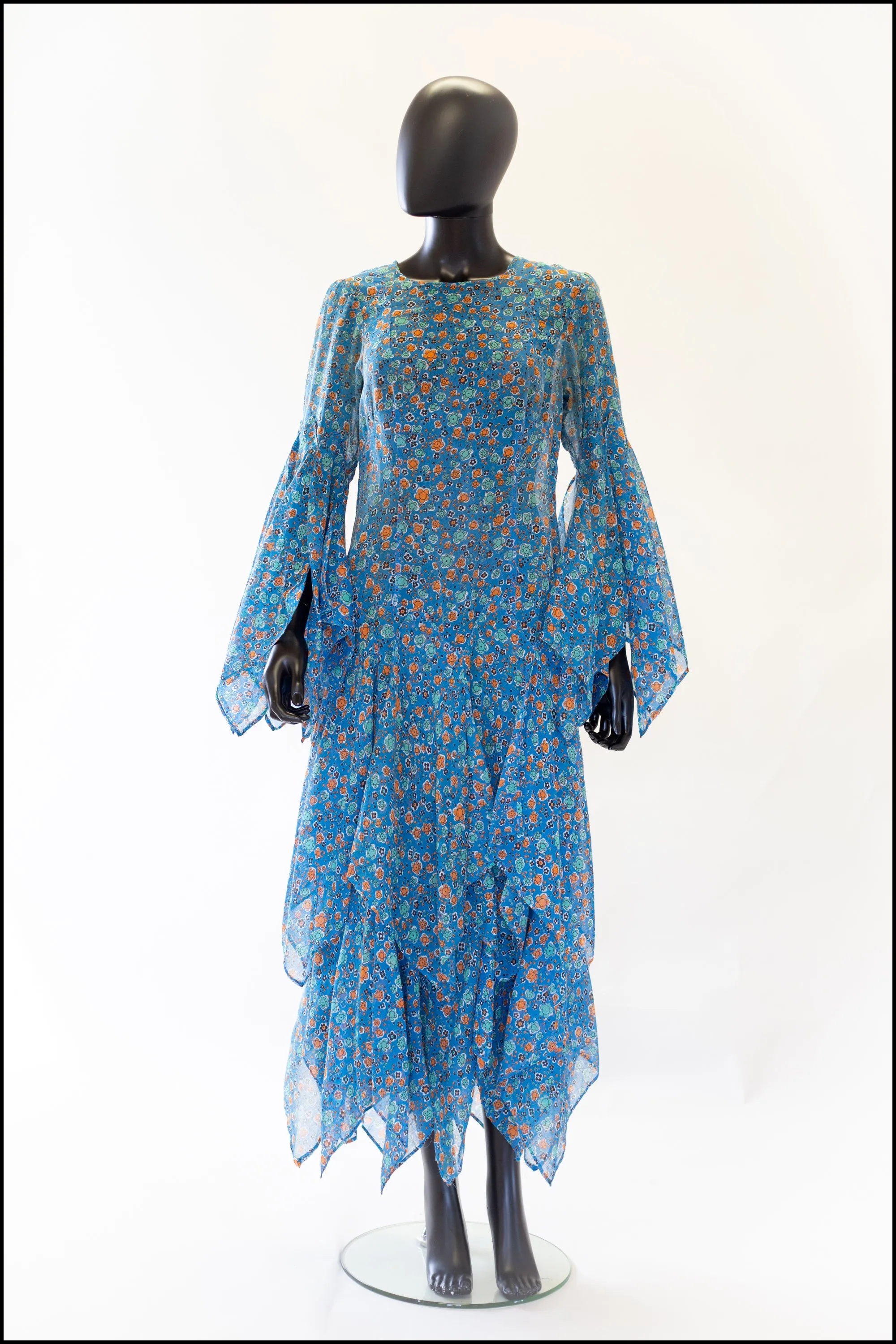 Vintage 1970s Blue Cotton Voile Maxi Dress