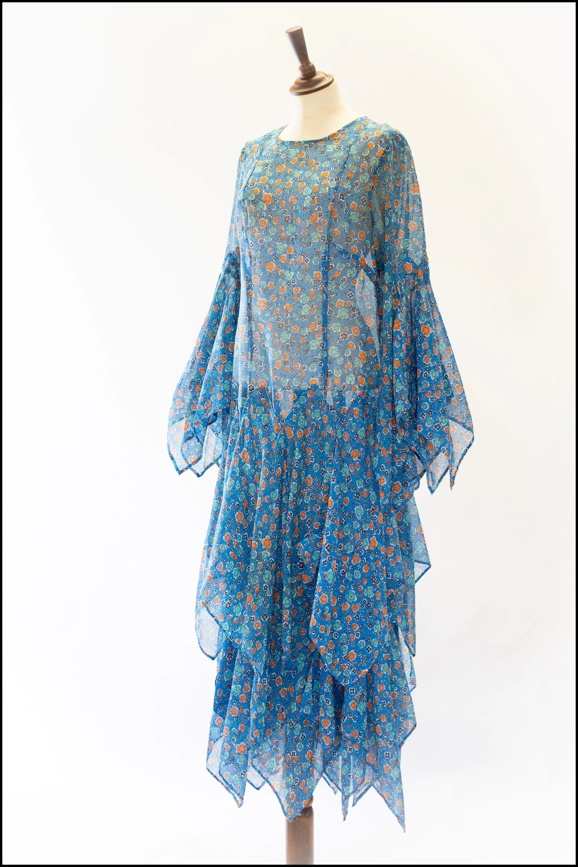 Vintage 1970s Blue Cotton Voile Maxi Dress