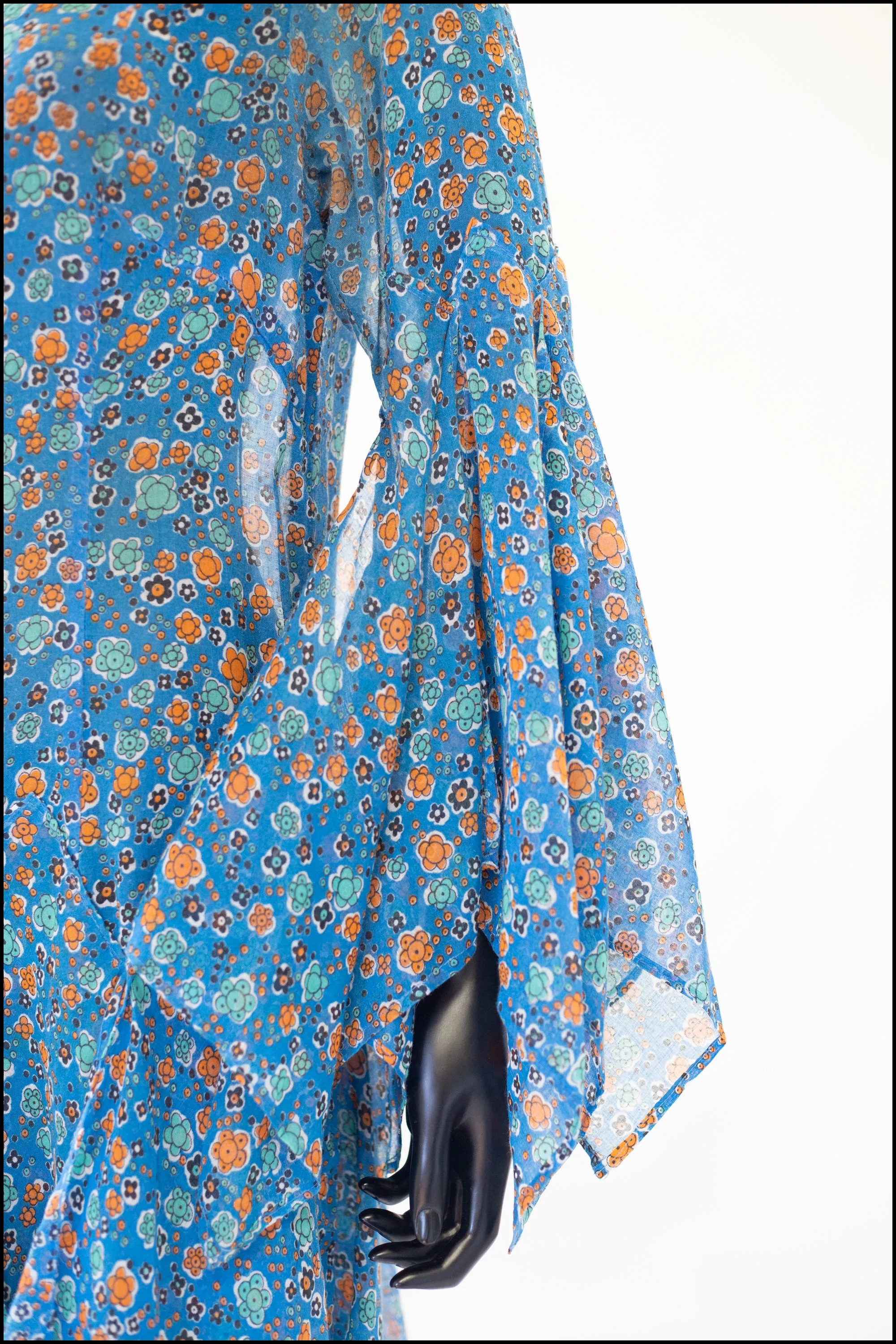 Vintage 1970s Blue Cotton Voile Maxi Dress