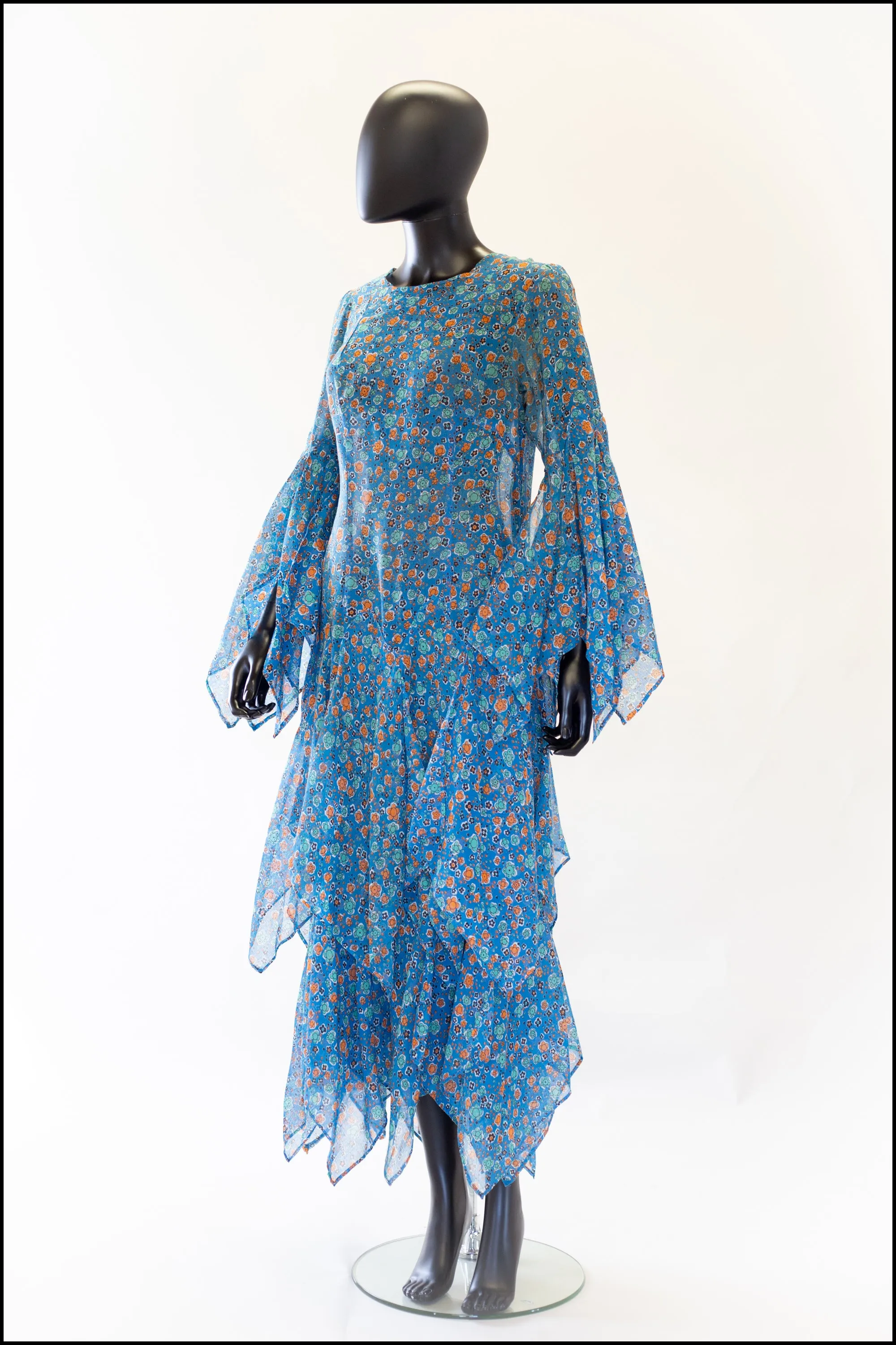 Vintage 1970s Blue Cotton Voile Maxi Dress