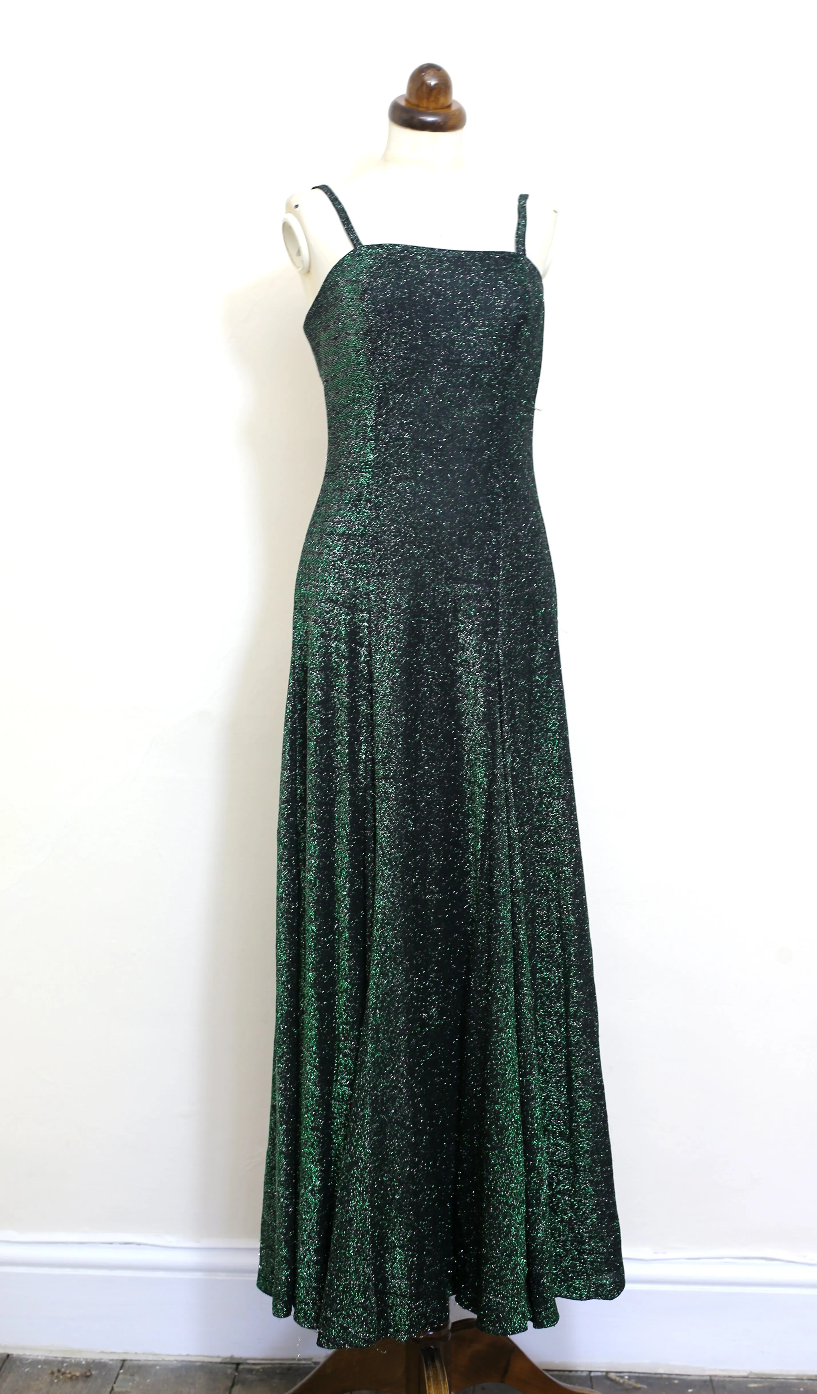 Vintage 1970s Green Lurex Flared Maxi Dress