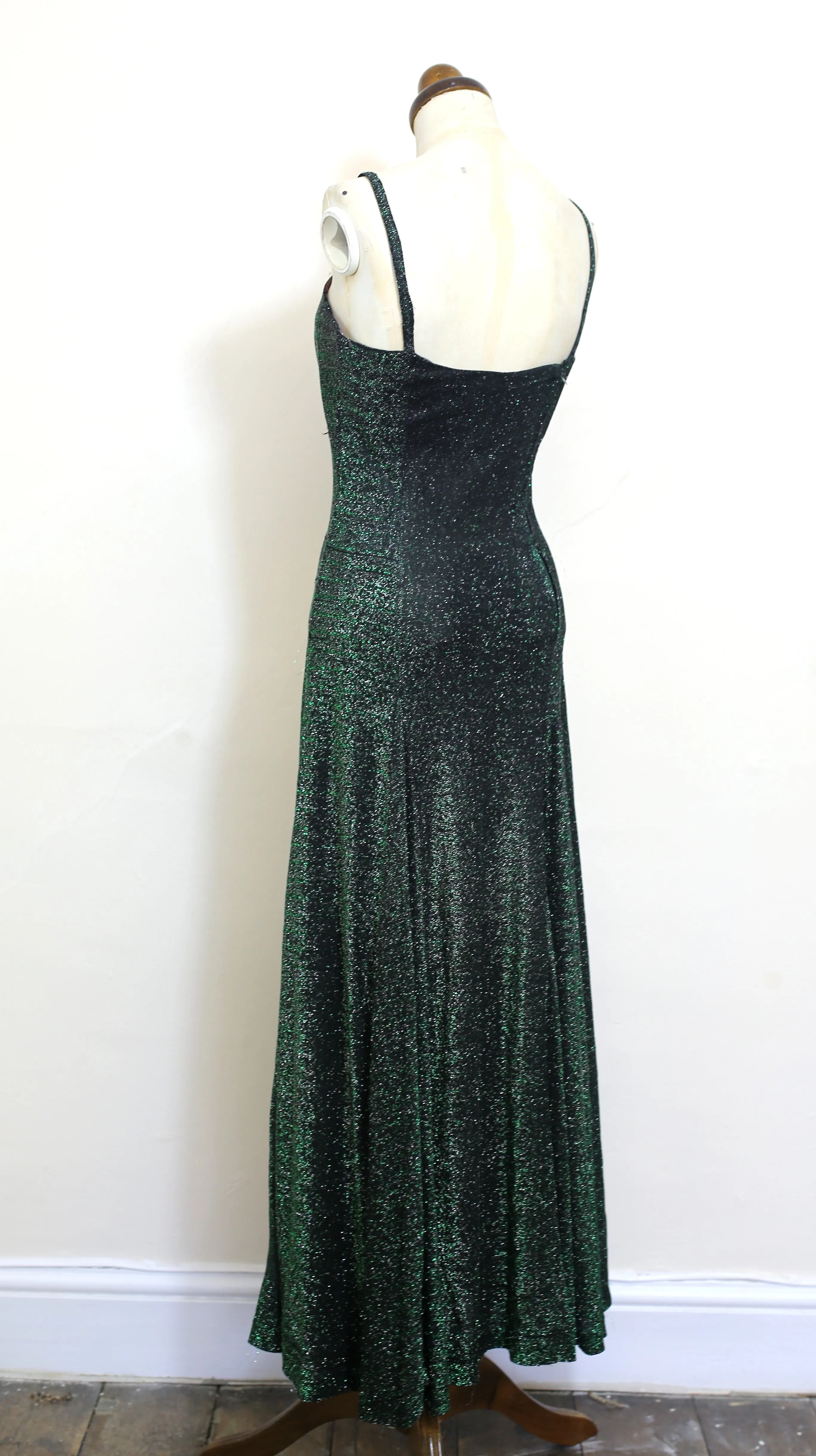 Vintage 1970s Green Lurex Flared Maxi Dress